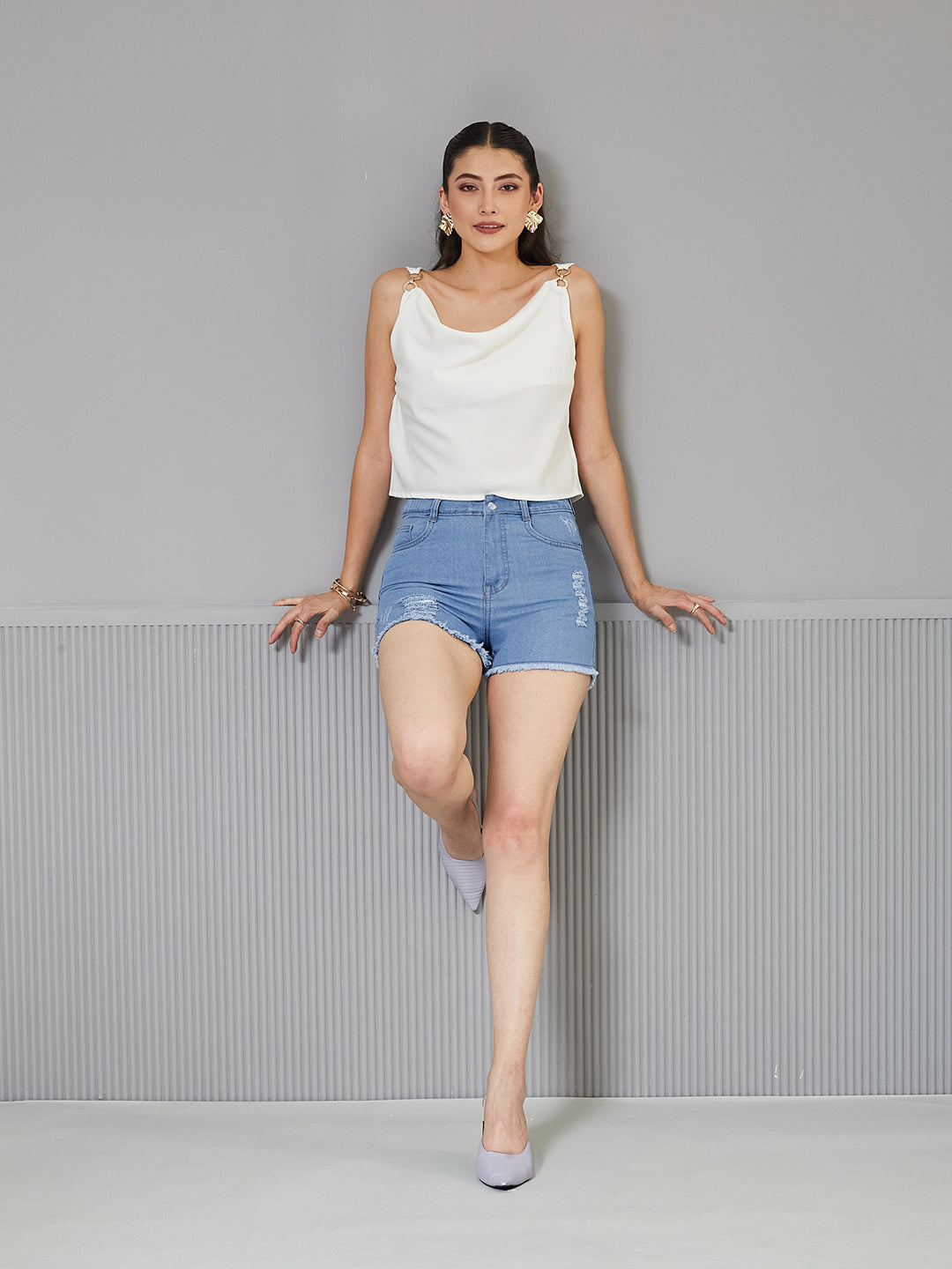 Women's Blue Relaxed Fit Highly Distressed Mid-Rise Ripped Denim Shorts