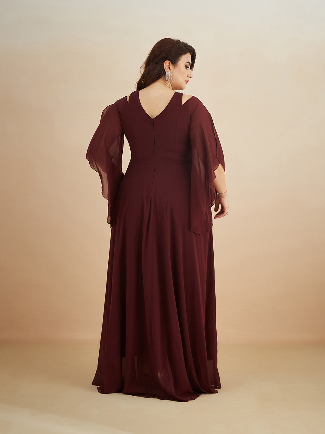 Wine Solid Relaxed Fit Round Neck Flared Sleeve Maxi Dress for Women — Miss Chase A+