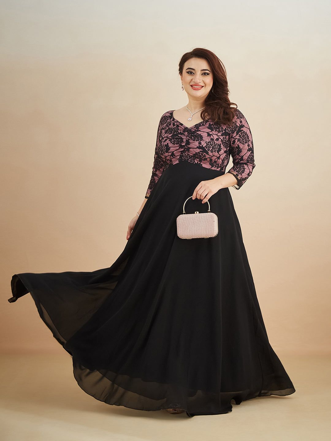 Black And Lavender Sweet heart neck 3/4 Sleeve Self Design Fit & Flare Maxi Dress for Women