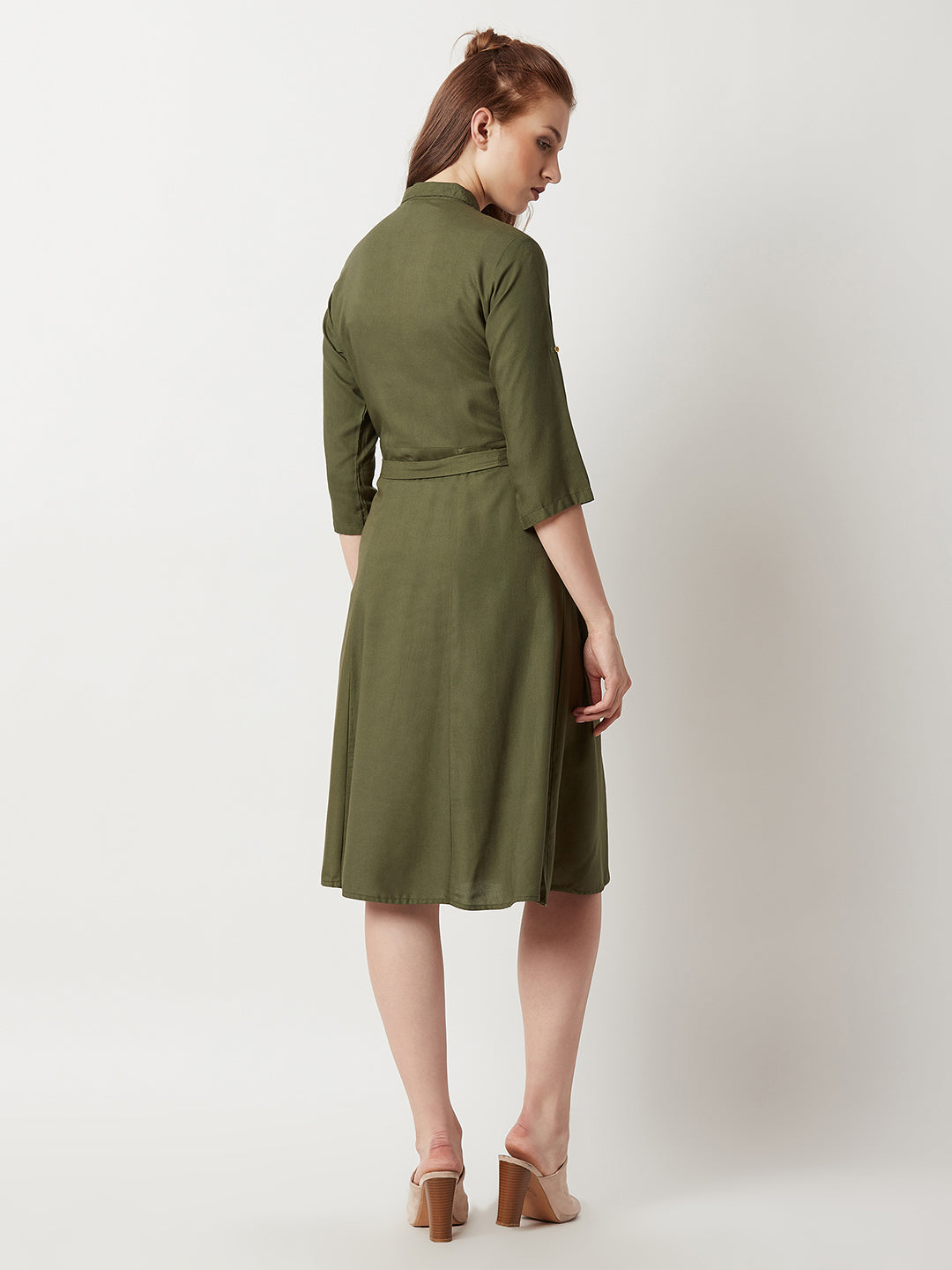 Women's Olive Green Round Neck Rolled Up Half Sleeve Solid Buttoned Paneled Midi Shirt Dress