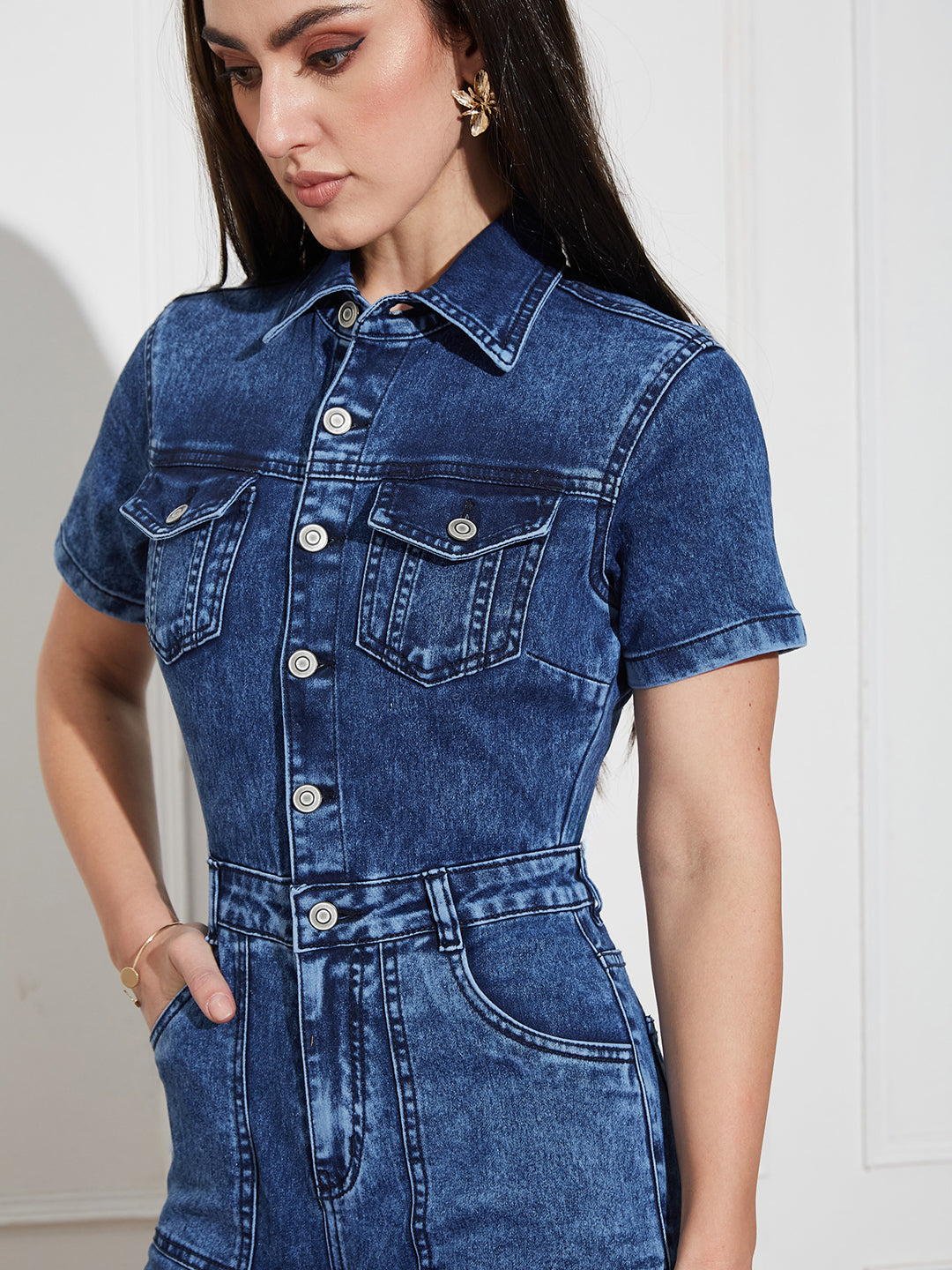 Women's Black Flared High Rise Regular Stretchable Denim Jumpsuit