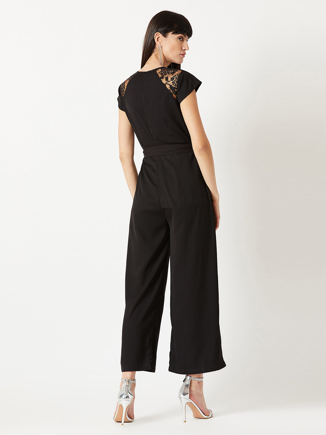 Women's Black Round Neck Cap Sleeve Solid Straight Leg Belted Maxi Jumpsuit