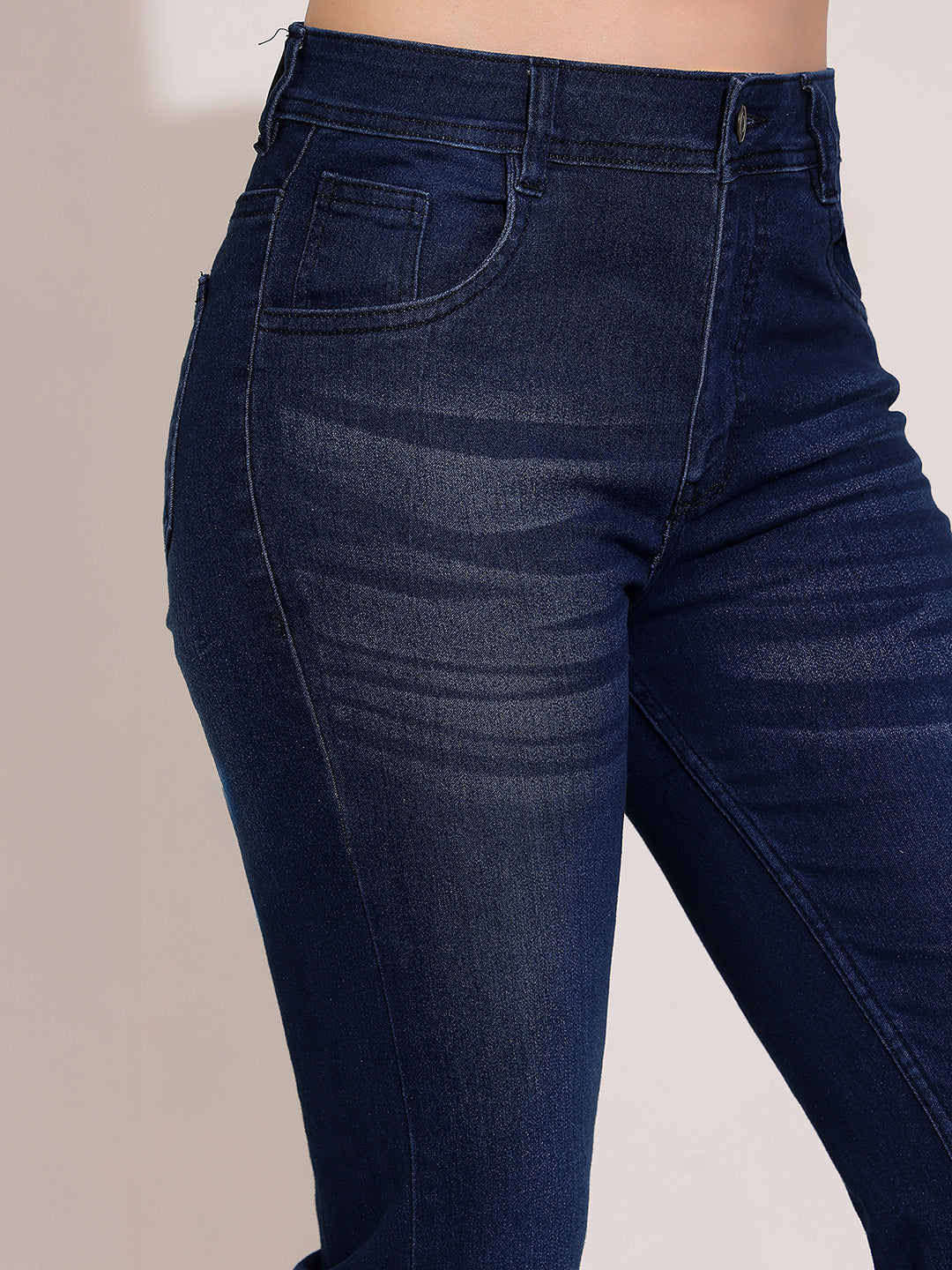 CHASEstretch™ Women's Navy Blue High-Rise Clean-Look Regular-Length Stretchable Flared Denim Jeans