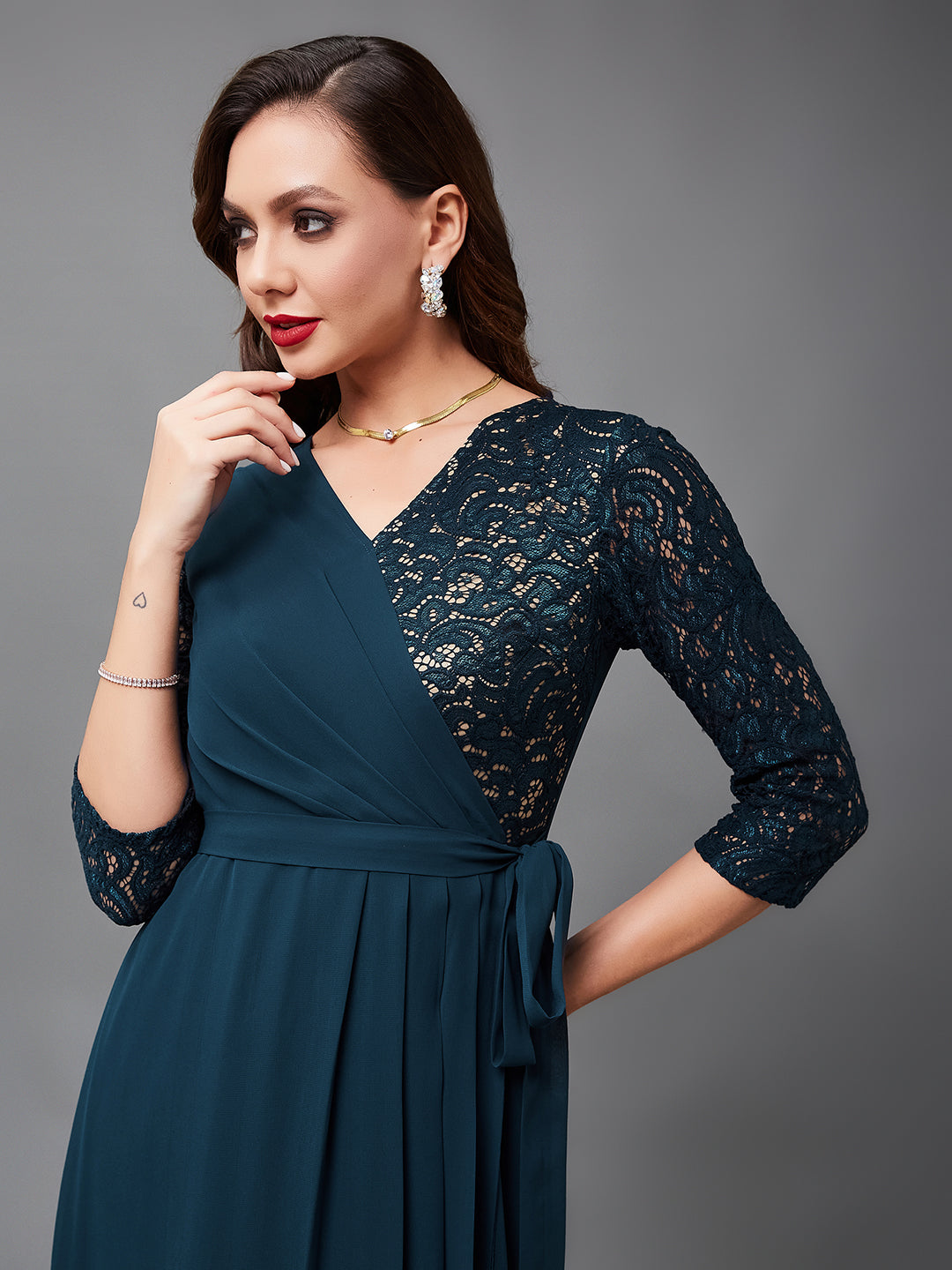 Women's Teal V-Neck 3/4 Sleeve Self-Designed Wrap-Styled Georgette Maxi Dress