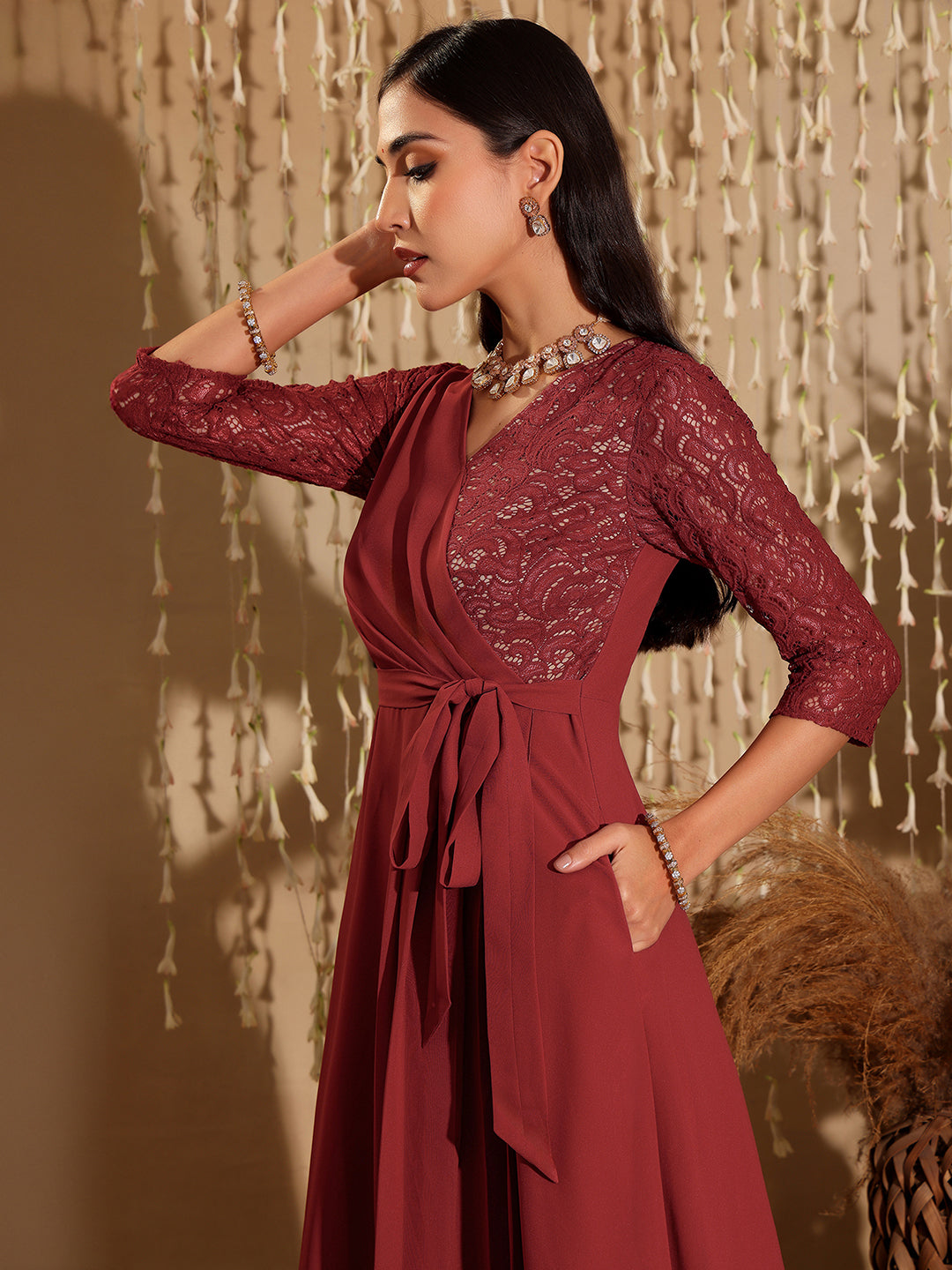 Women's Brick Red V-Neck 3/4 Sleeve Self-Designed Wrap Styled Georgette Maxi Dress