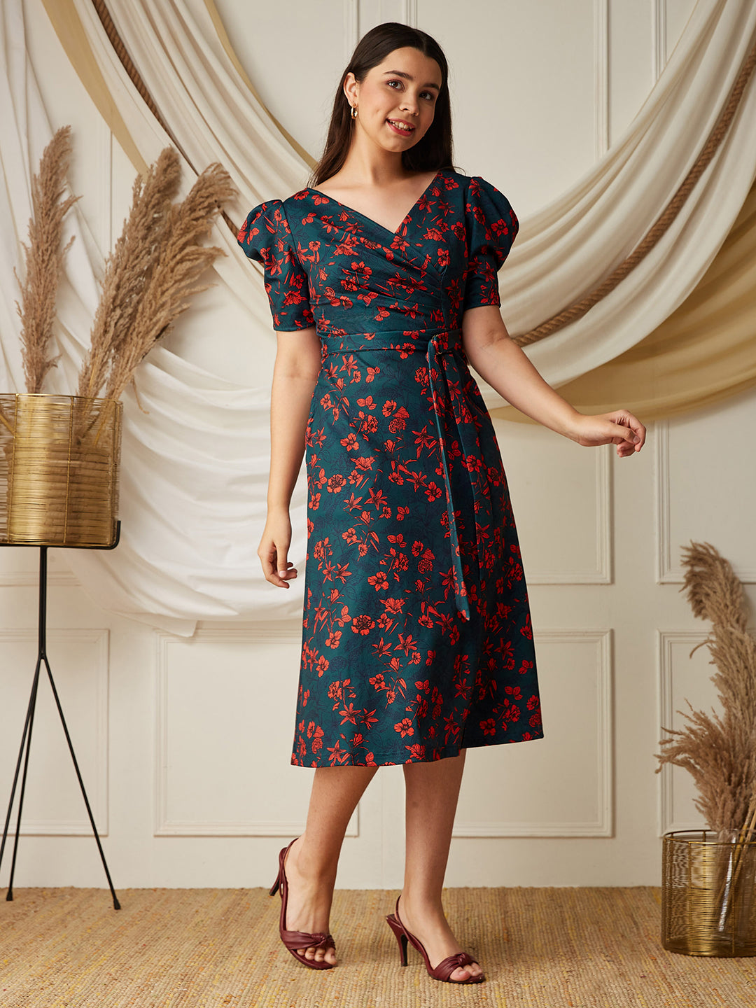 Multicolored-Base-Teal V-neck Puff Sleeve Floral Wrap Midi Dress