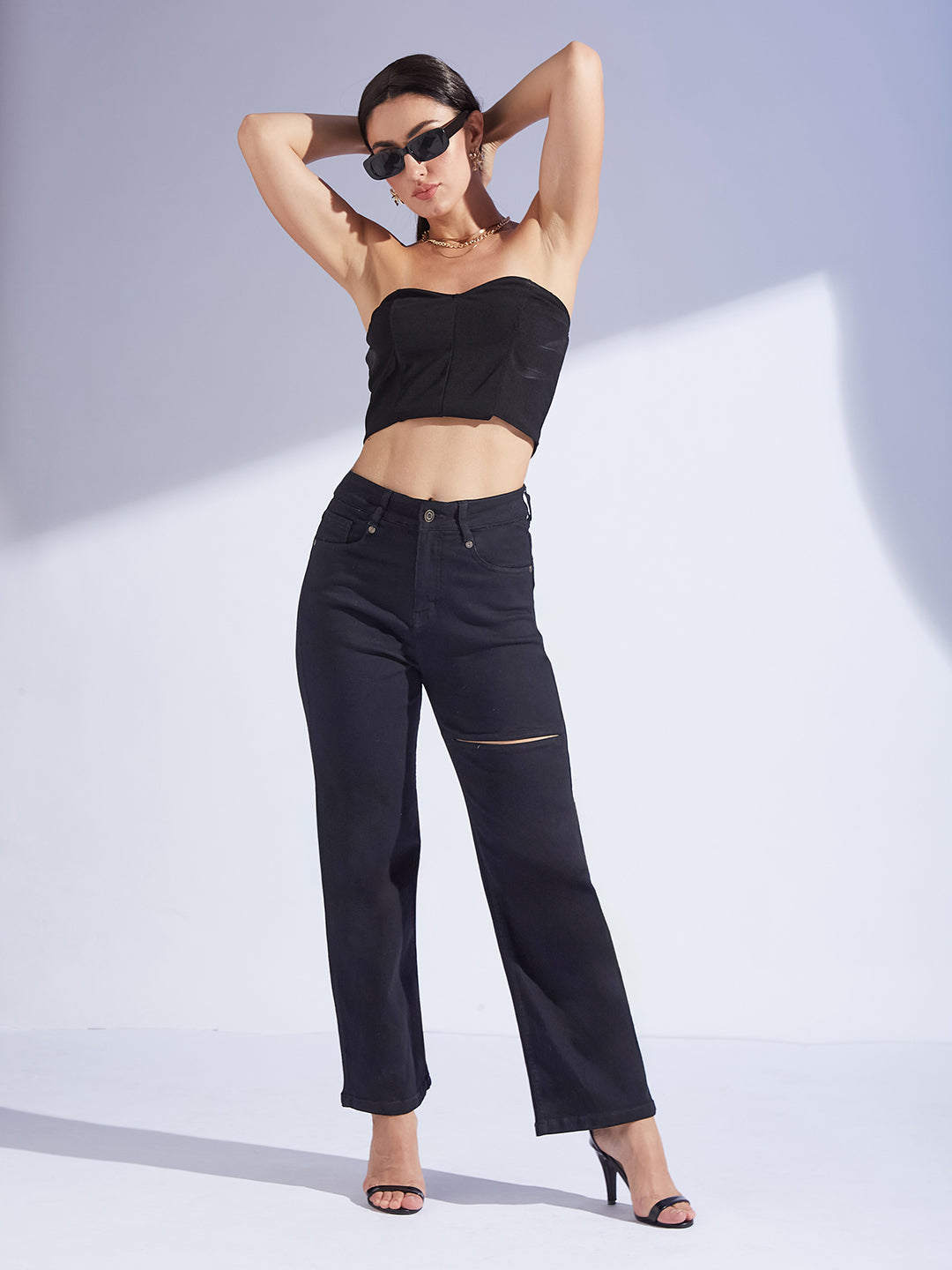 Women's Black Straight-Fit High-Rise Regular-Length Stretchable Denim Jeans