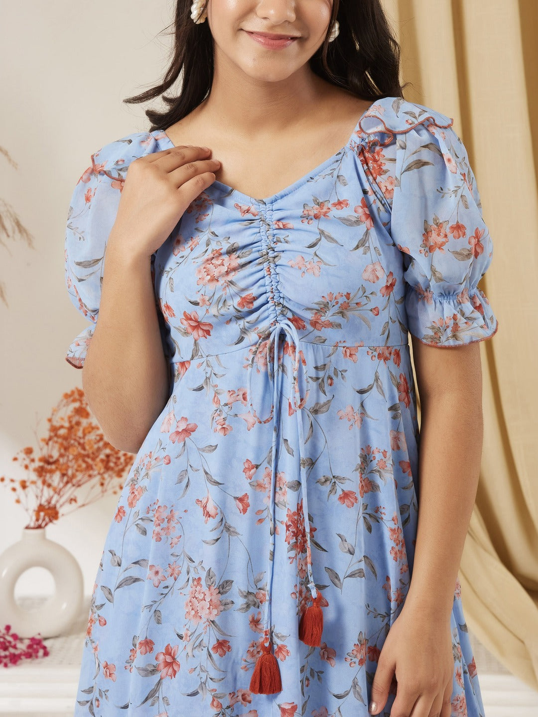 Powder Blue V-Neck Puff Sleeve Floral Ruching Ankle-Length Dress for Girls/Teenagers