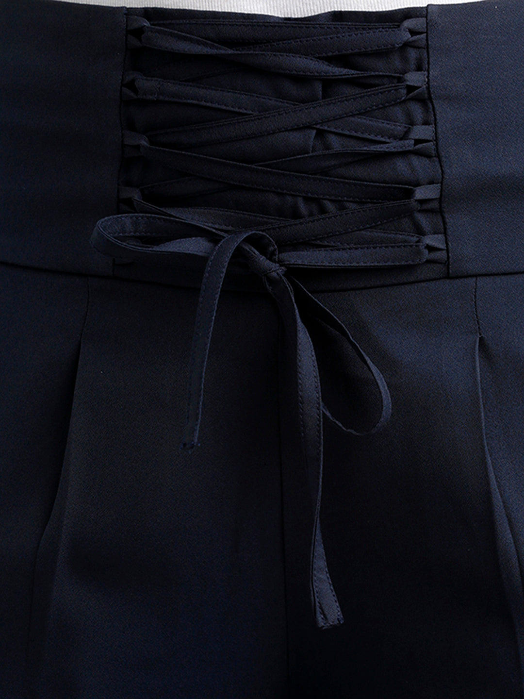 Women's Navy Blue Solid Straight Fit Criss Cross Detailing Waist Tie-Up Pant