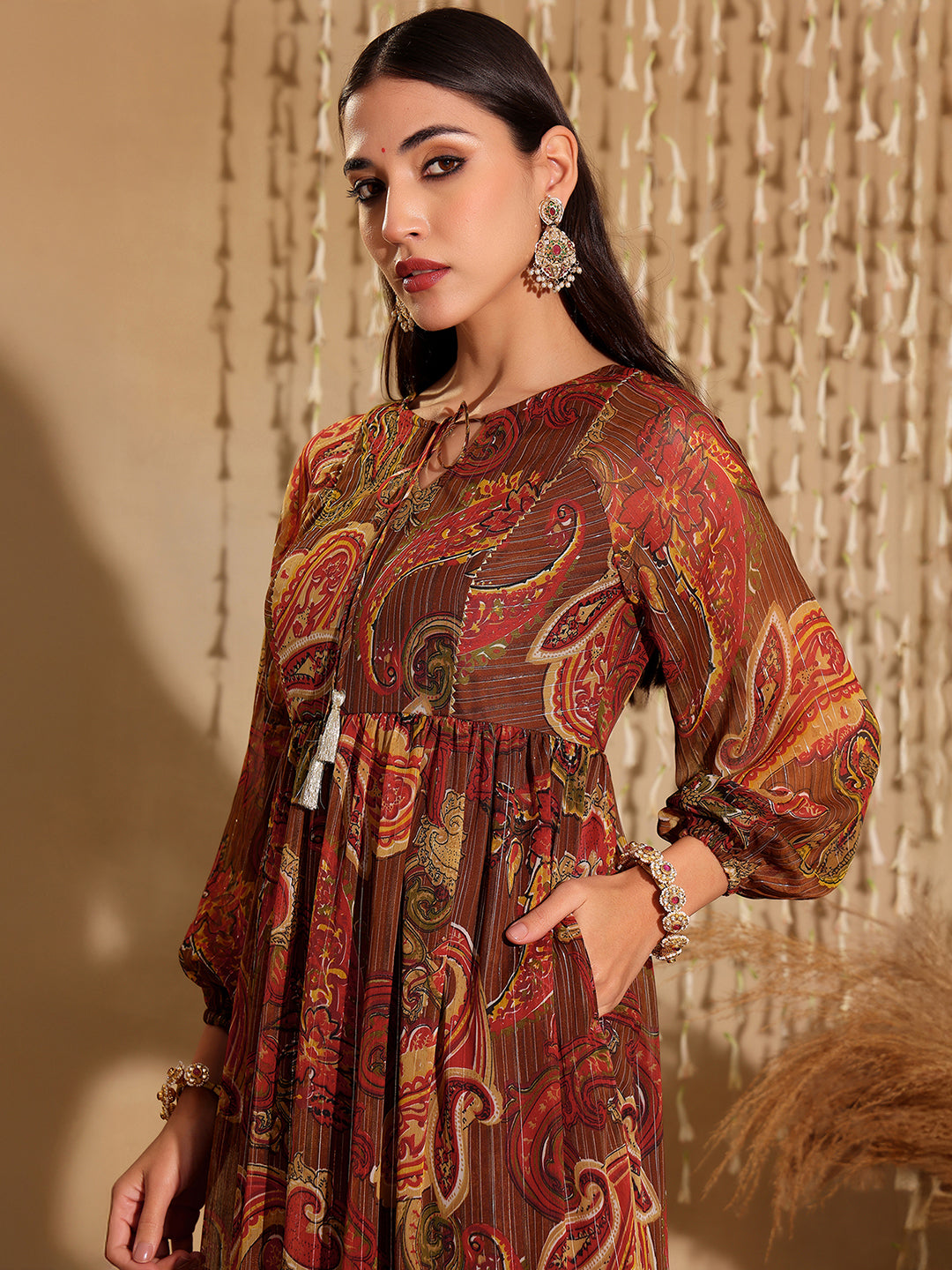Women's Multicolored-Base-Brown Relaxed Fit Maxi Lurex Chiffon Dress