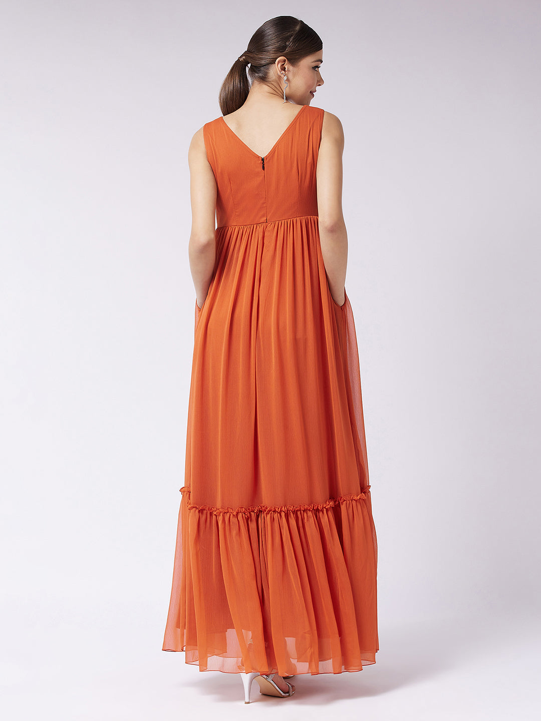 Women's Rust Round Neck Sleeveless Solid Embroidered Maxi Dress