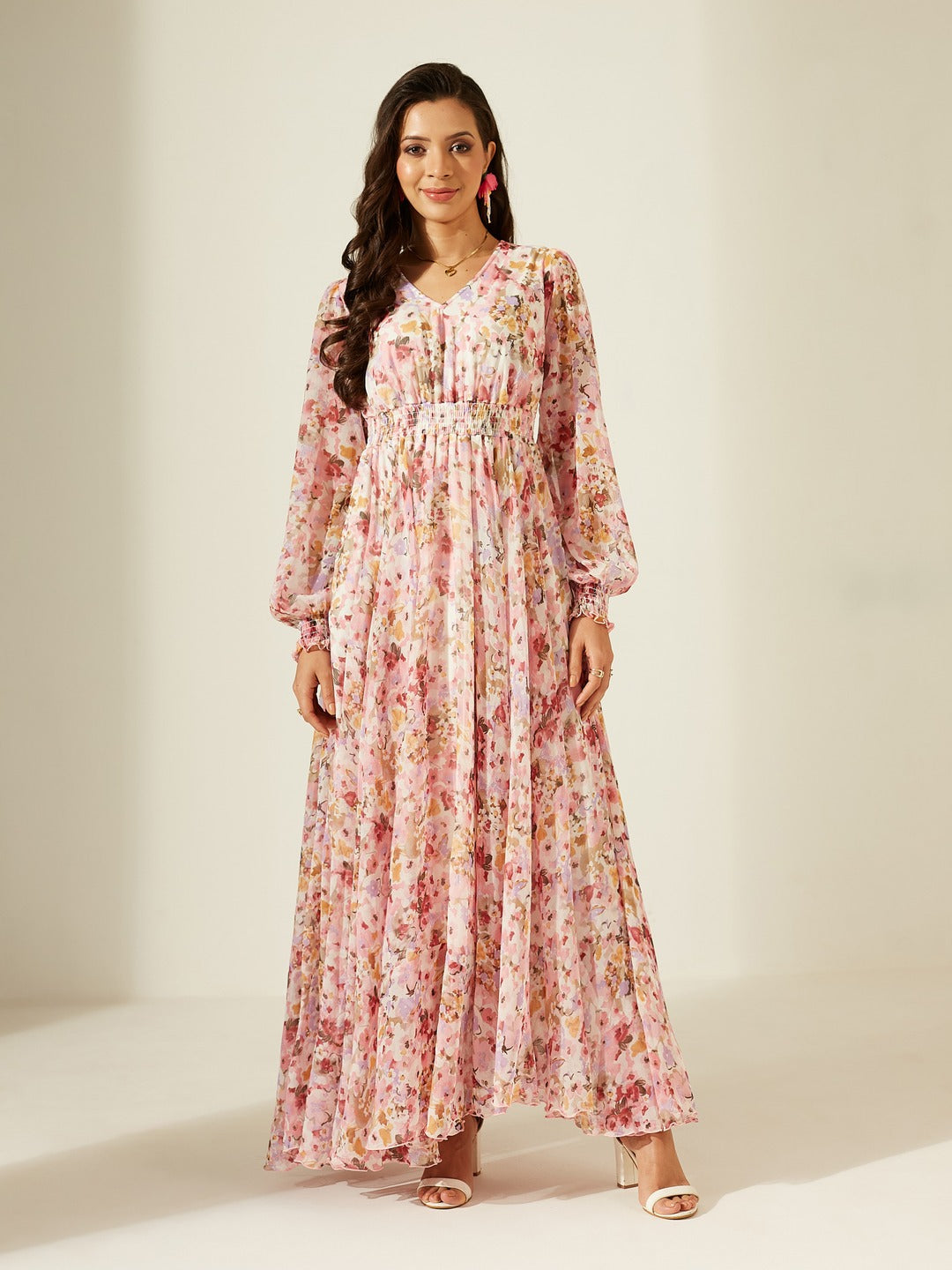Pink and Black V-Neck Ruffled Sleeve Wide-Leg Printed Jumpsuit for Women