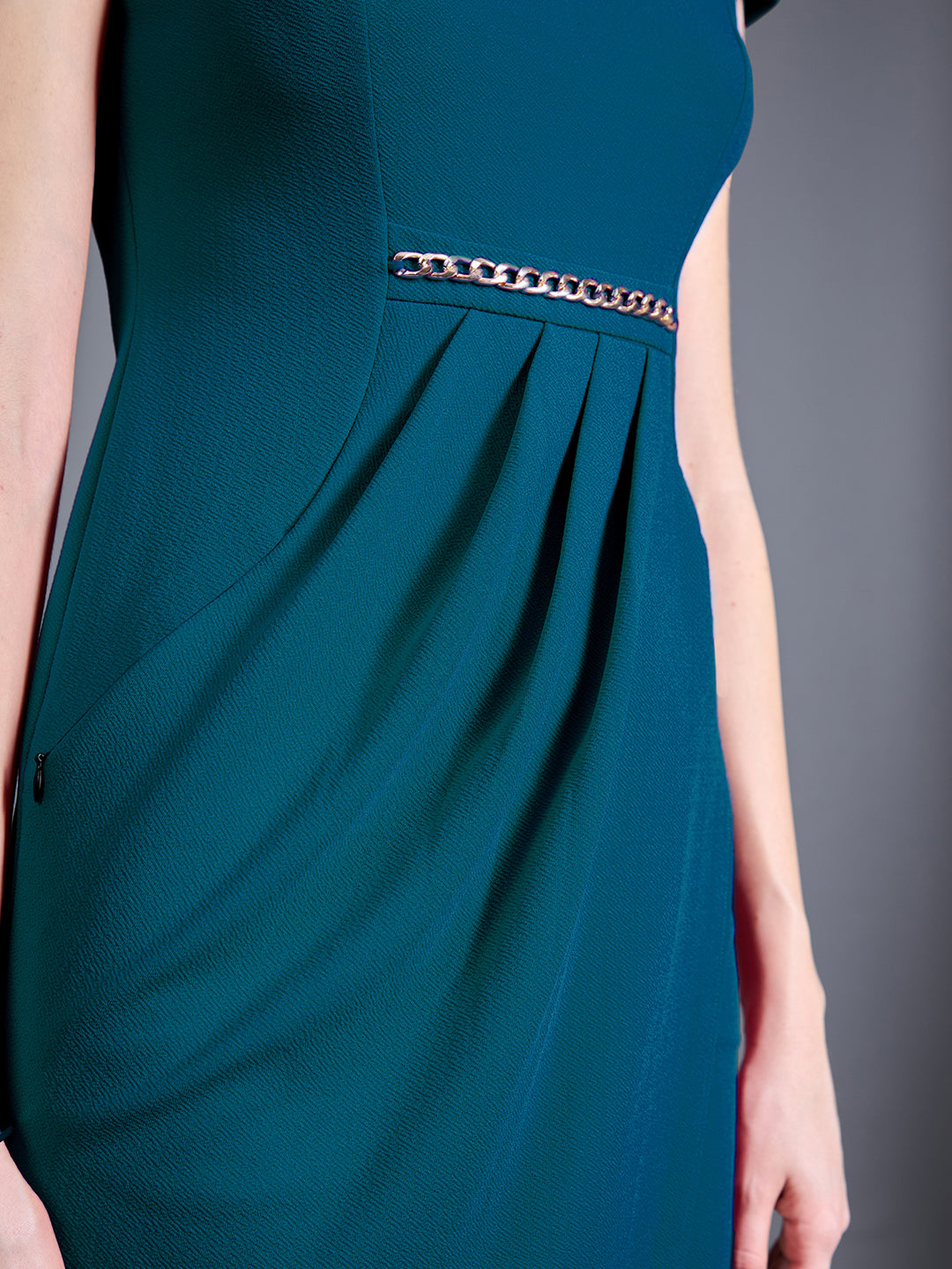 Women's Teal V-Neck Cap Sleeve Solid Wrapped Polyester Knee-Long Dress