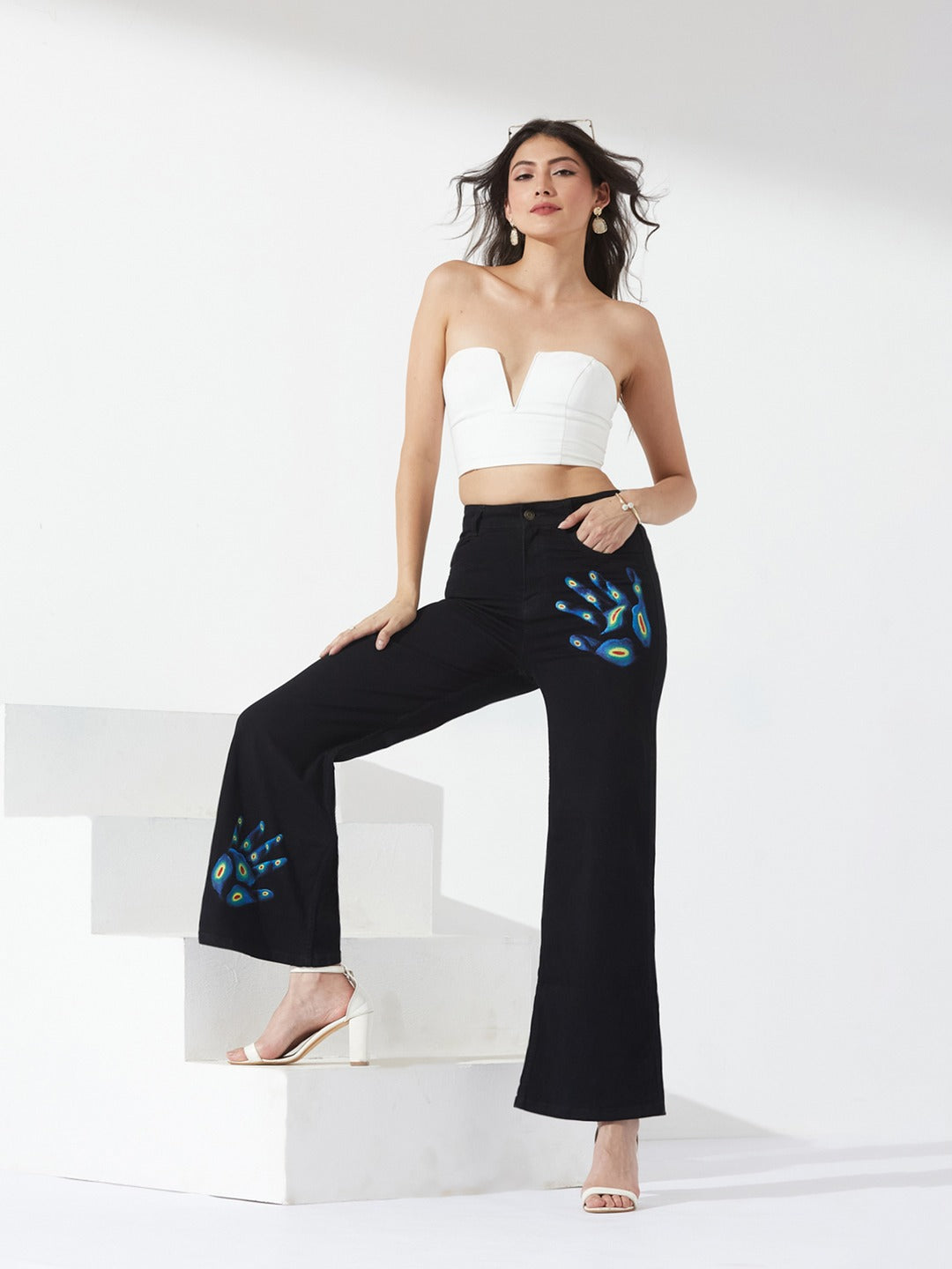 Black Wide Leg high-rise Hand Painted Skeleton Art Stretchable Denim Jeans for Women