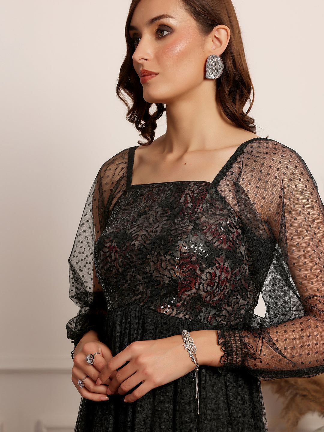 Black Square Neck Raglan Sleeve Floral Tiered Midi Dress for Women