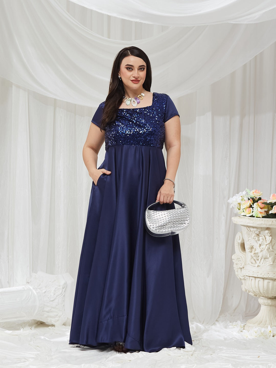 Navy Blue Square Neck Short Sleeve Embellished Polyester Fit & Flare Maxi Dress for Women — Miss Chase A+