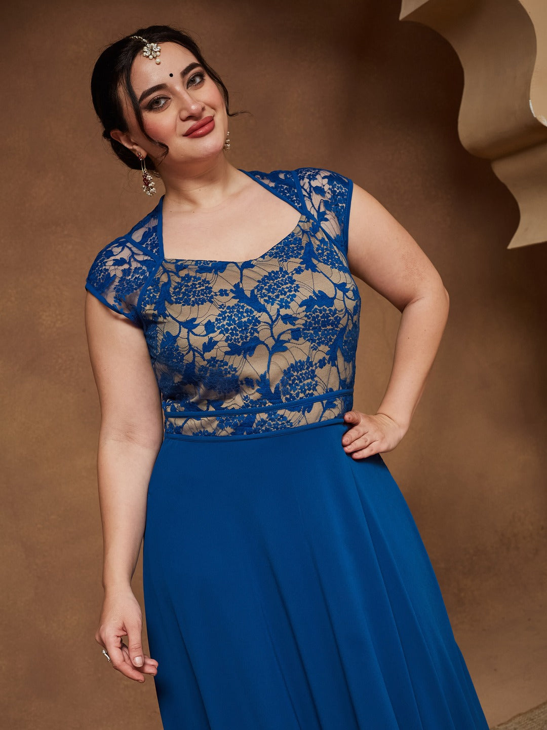 Royal Blue Sweet-Heart Neck Cap-Sleeve Floral Fit & Flare Georgette Maxi Dress for Women