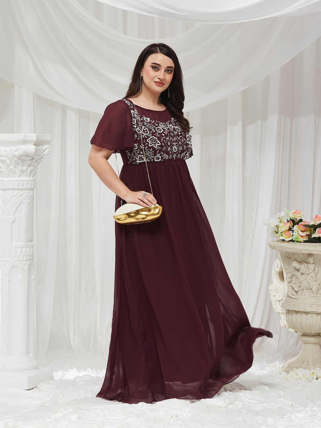 Wine Boat Neck Half Sleeve Solid Embellished Georgette Maxi Dress for Women — Miss Chase A+