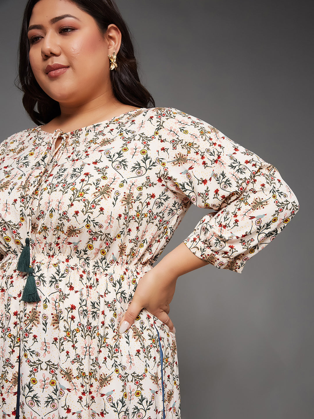 Multicolored Round Neck 3/4 Sleeve Floral Tie-Up Tassel Detailing Front Slit Maxi Top for Women