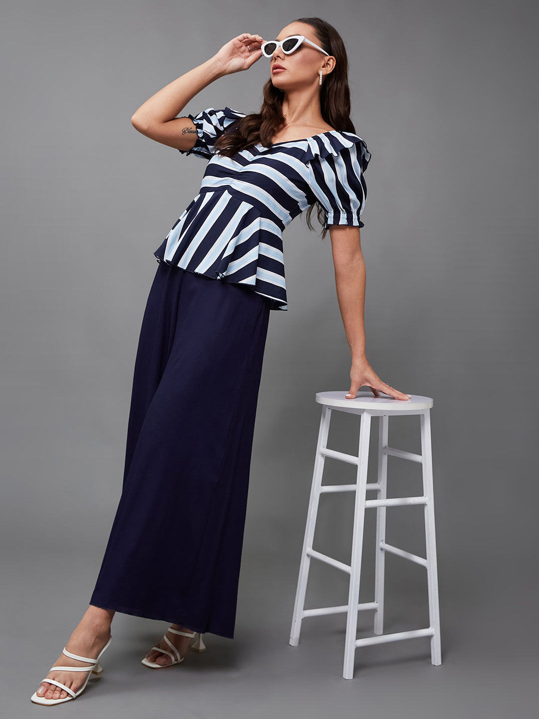 Women's Multicolored-Base-Navy Blue Sweet-Heart Neck Half-Sleeve Striped Peplum Regular-Length Polyester Jumpsuit