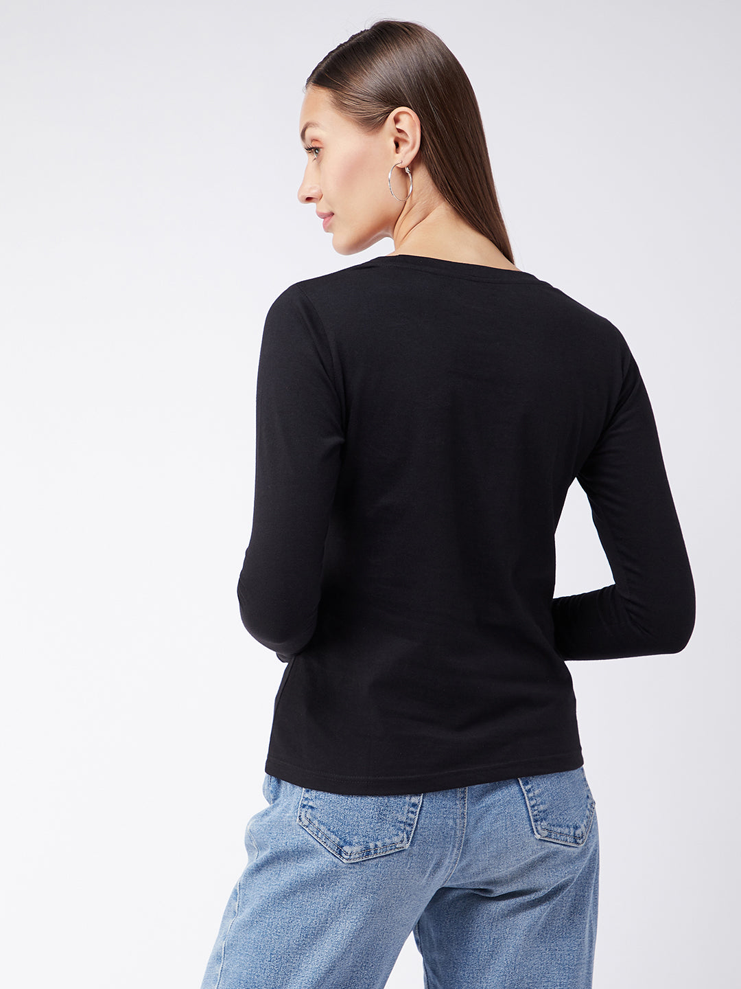 Women's Black Round Neck Full Sleeves Solid Basic Top