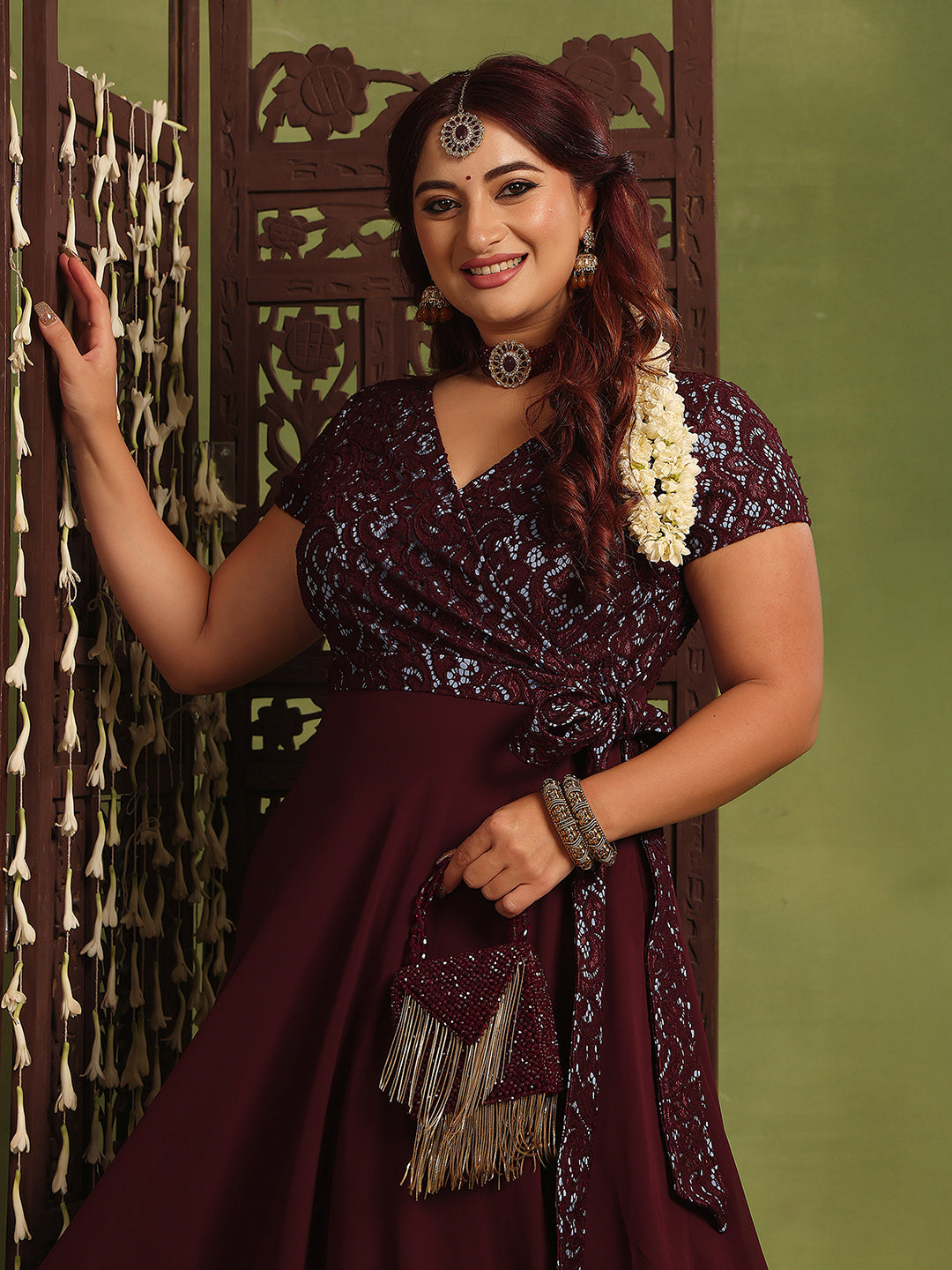 Women's Wine Colored V-Neck Short-Sleeved Self Designed Lace-Overlaid Maxi Georgette Dress