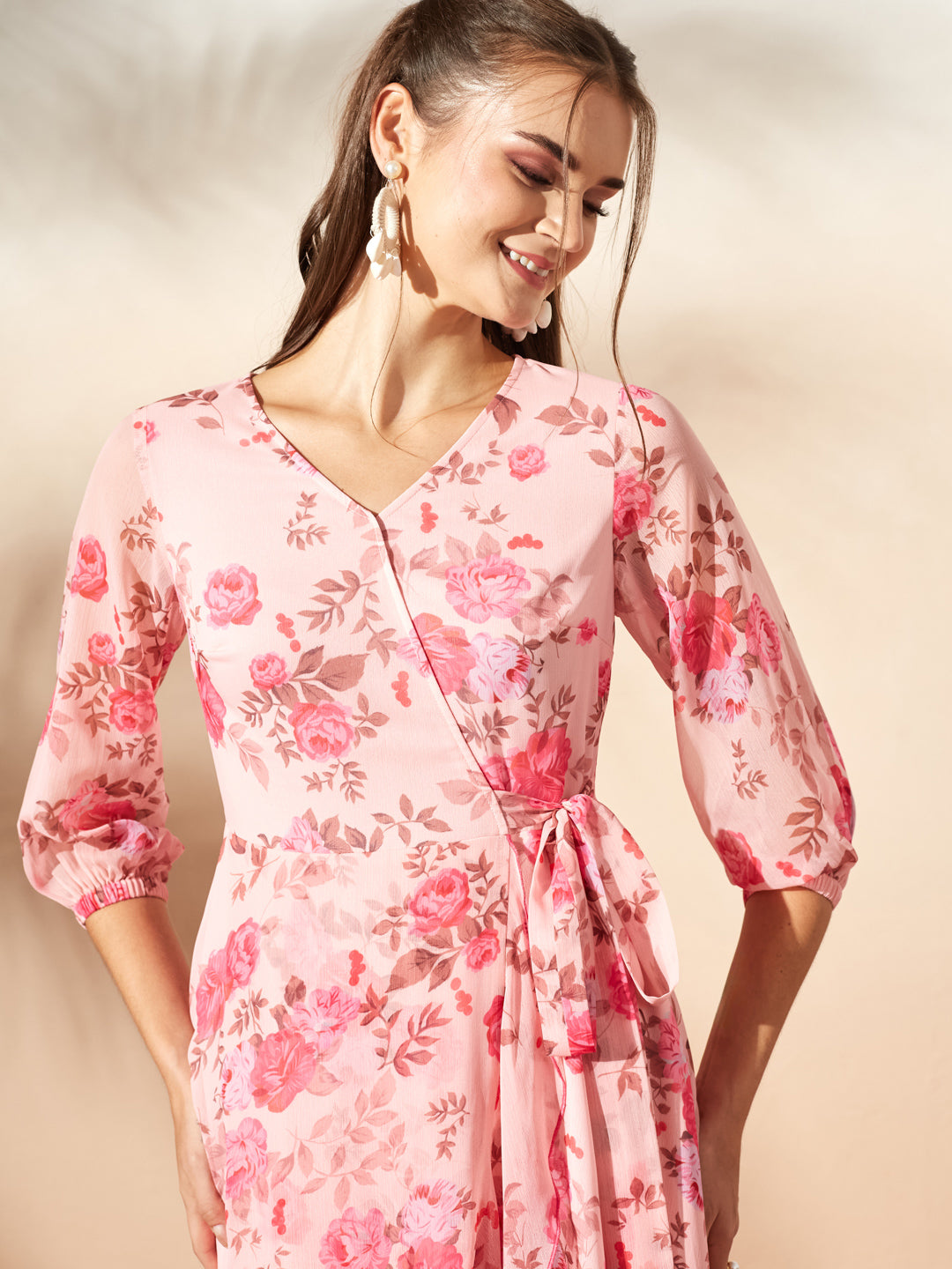 Pink Floral V-Neck 3/4 Sleeve Wrap Midi Chiffon Dress for Women — Miss Chase