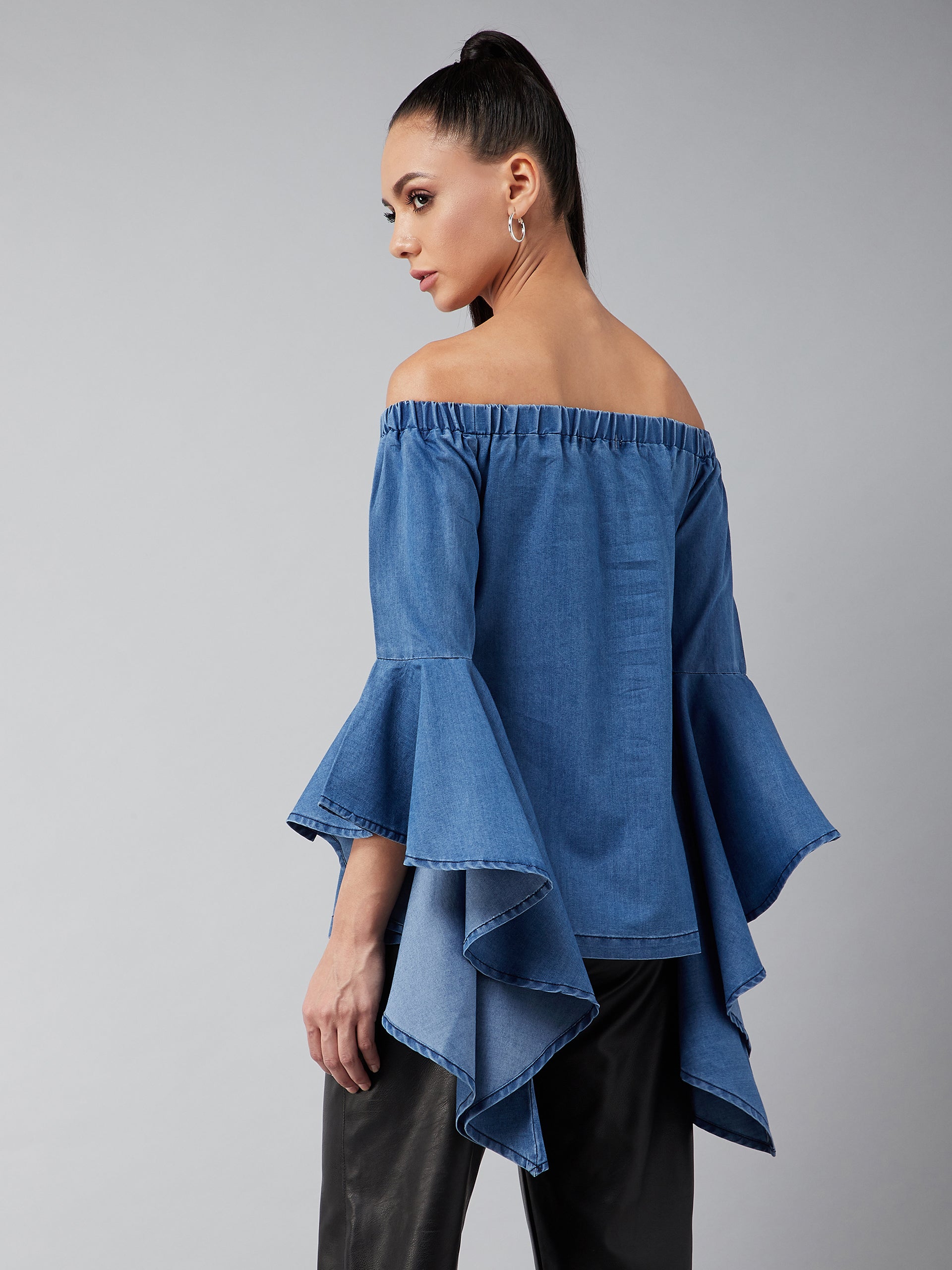 Women's Blue Off-Shoulder Ruffled Full Sleeves Solid Denim Top