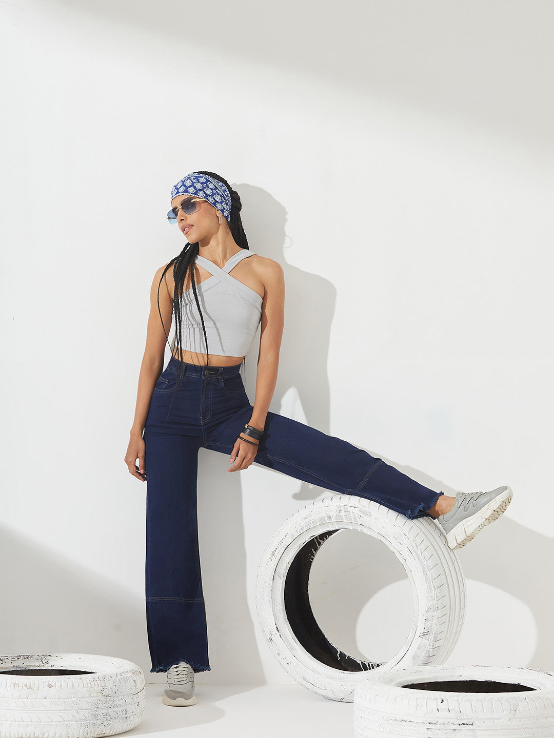CHASEstretch™ Navy-Blue Wide-Leg High-Rise Stretchable Denim Jeans for Women