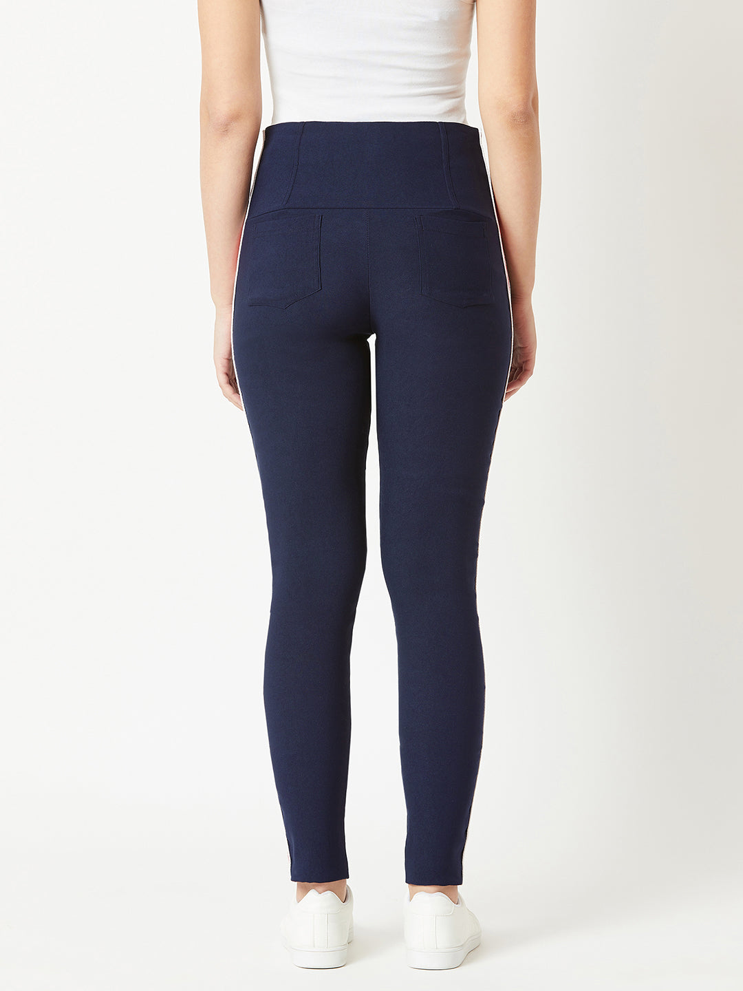 Women's Navy Blue Solid Skinny Knitted Twill Tape Detailing Regular Length High Waist Jeggings