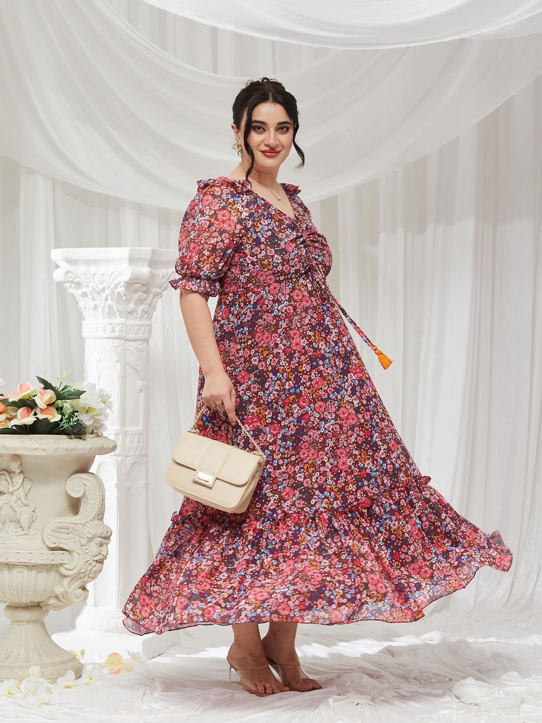 Wine V-Neck Puff Sleeve Floral Ruching Ankle-Length Dress for Women — Miss Chase A+