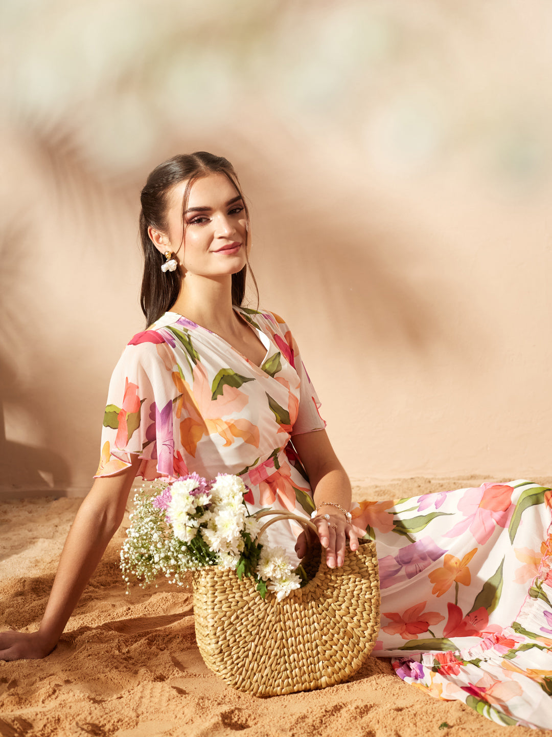 White Floral Printed Flutter Sleeves Maxi Dress for Women — Miss Chase