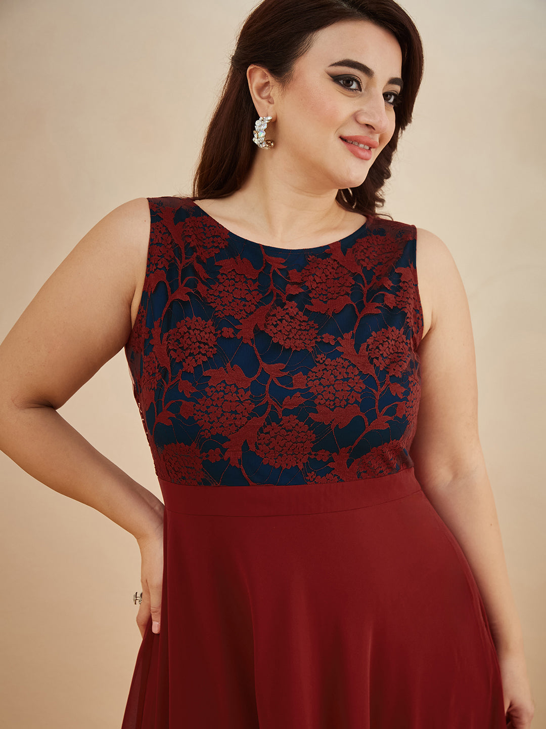 Maroon & Teal Boat-Neck Sleeveless Self Design Lace Overlaid Maxi Dress for Women — Miss Chase A+