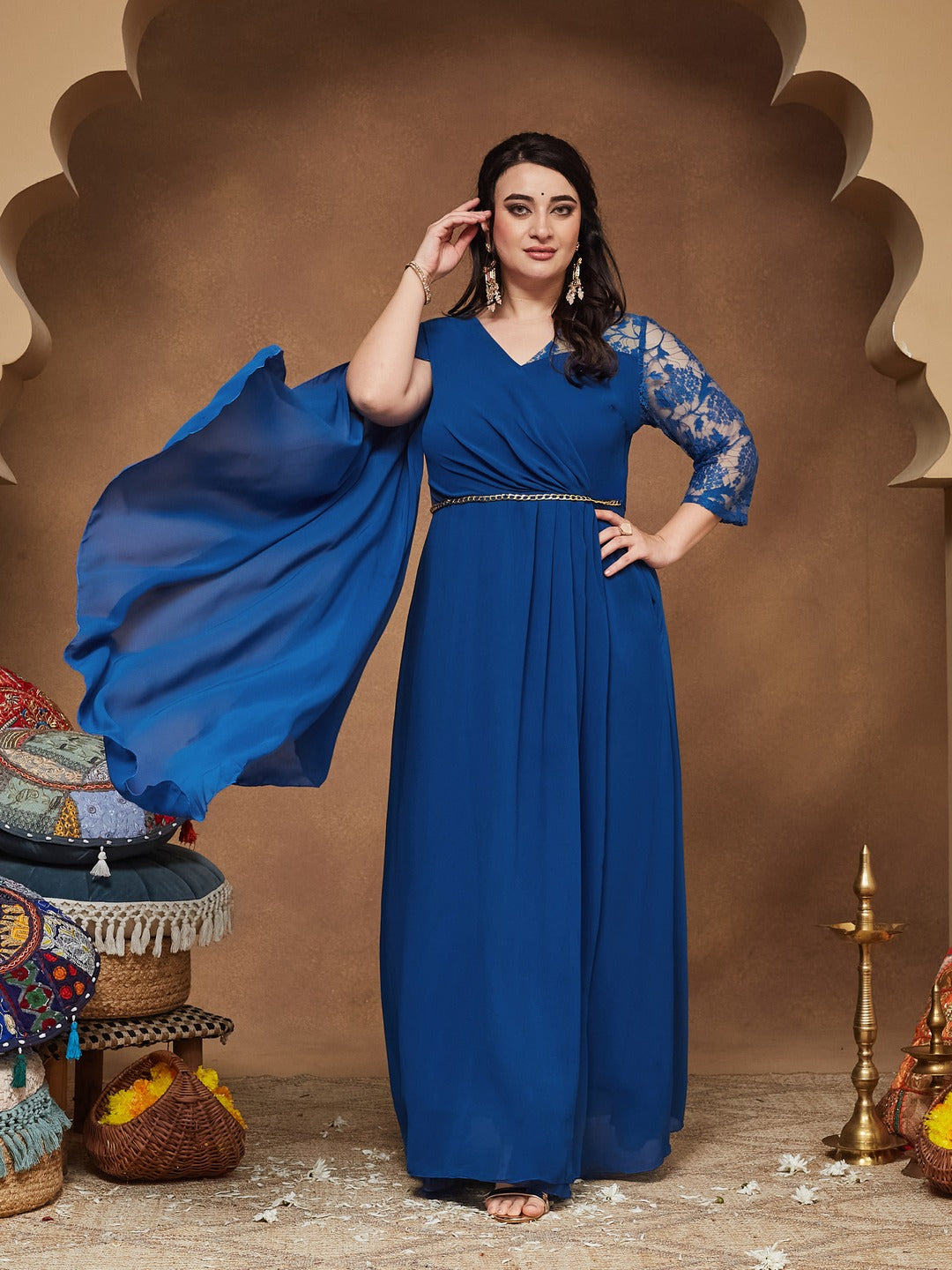 Royal Blue V-Neck Asymmetric Embellished Maxi Georgette Dress for Women