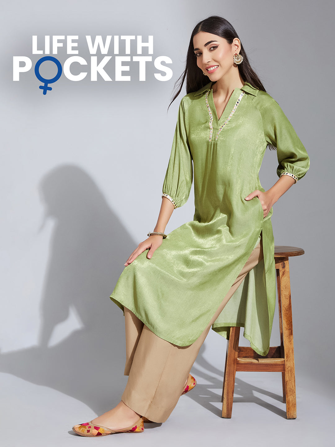 Women's Light Green Shirt Collar Full Sleeve Solid Raglan Knee-Long Kurta