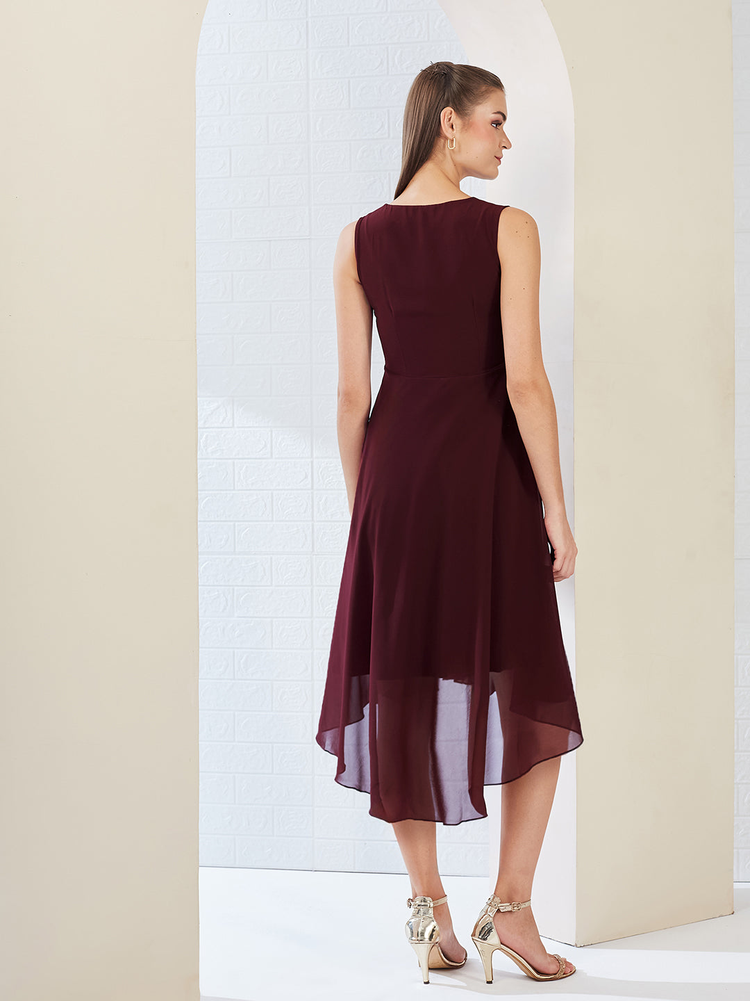 Wine Red V-Neck Sleeveless Solid High-Low Midi Skater Dress for Women