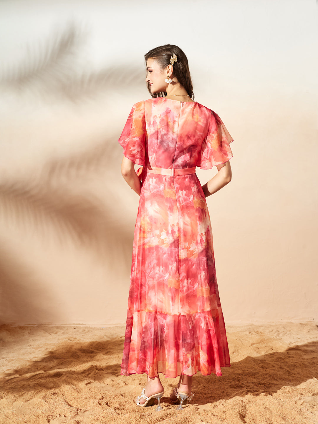 Flame Orange And Pink V-Neck Flared Abstract Overlap/Tie-Up Maxi Chiffon Dress for Women