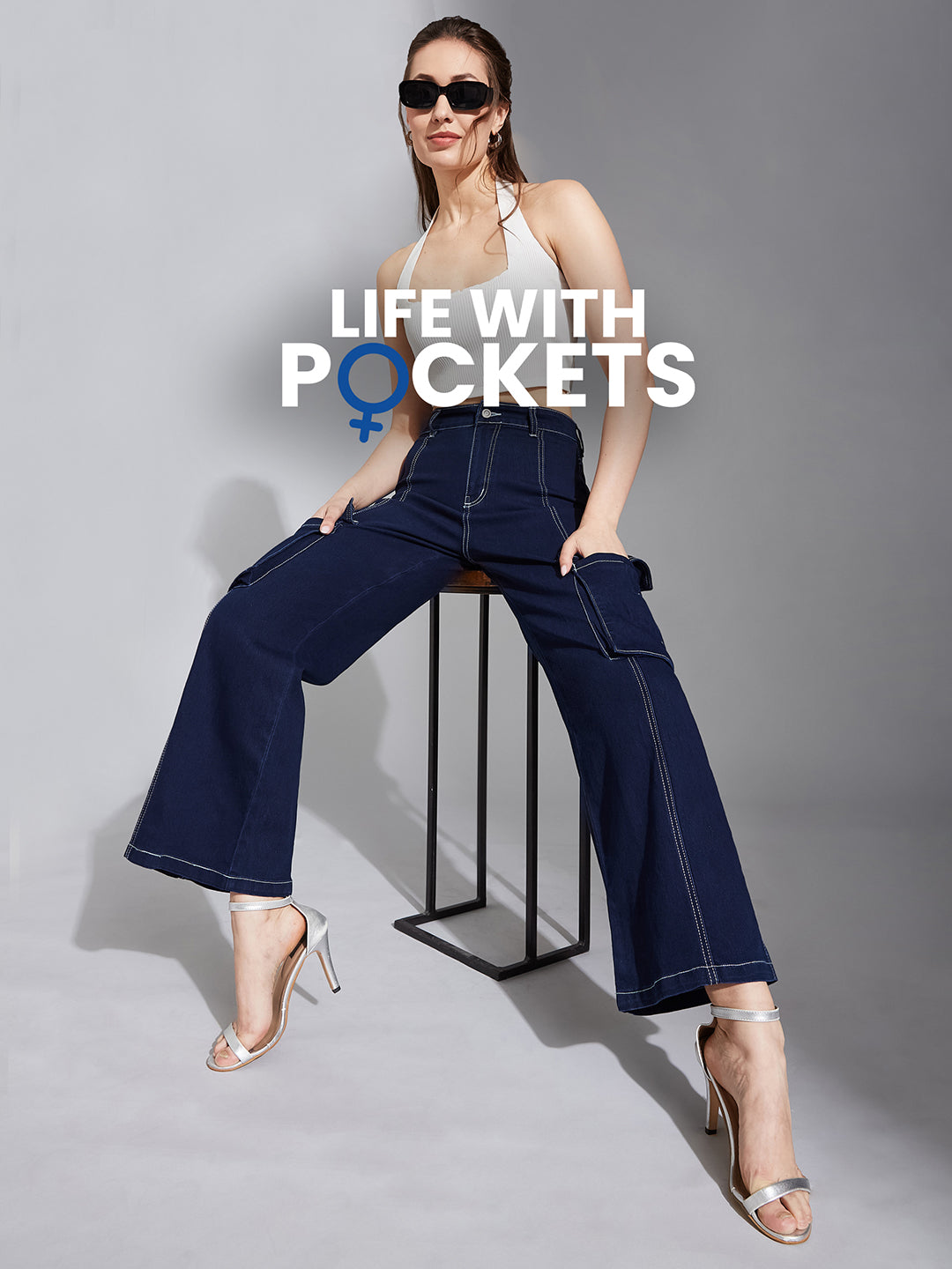 Women's Navy Blue Wide-Leg High-Rise Clean-Look Regular Stretchable Denim Jeans