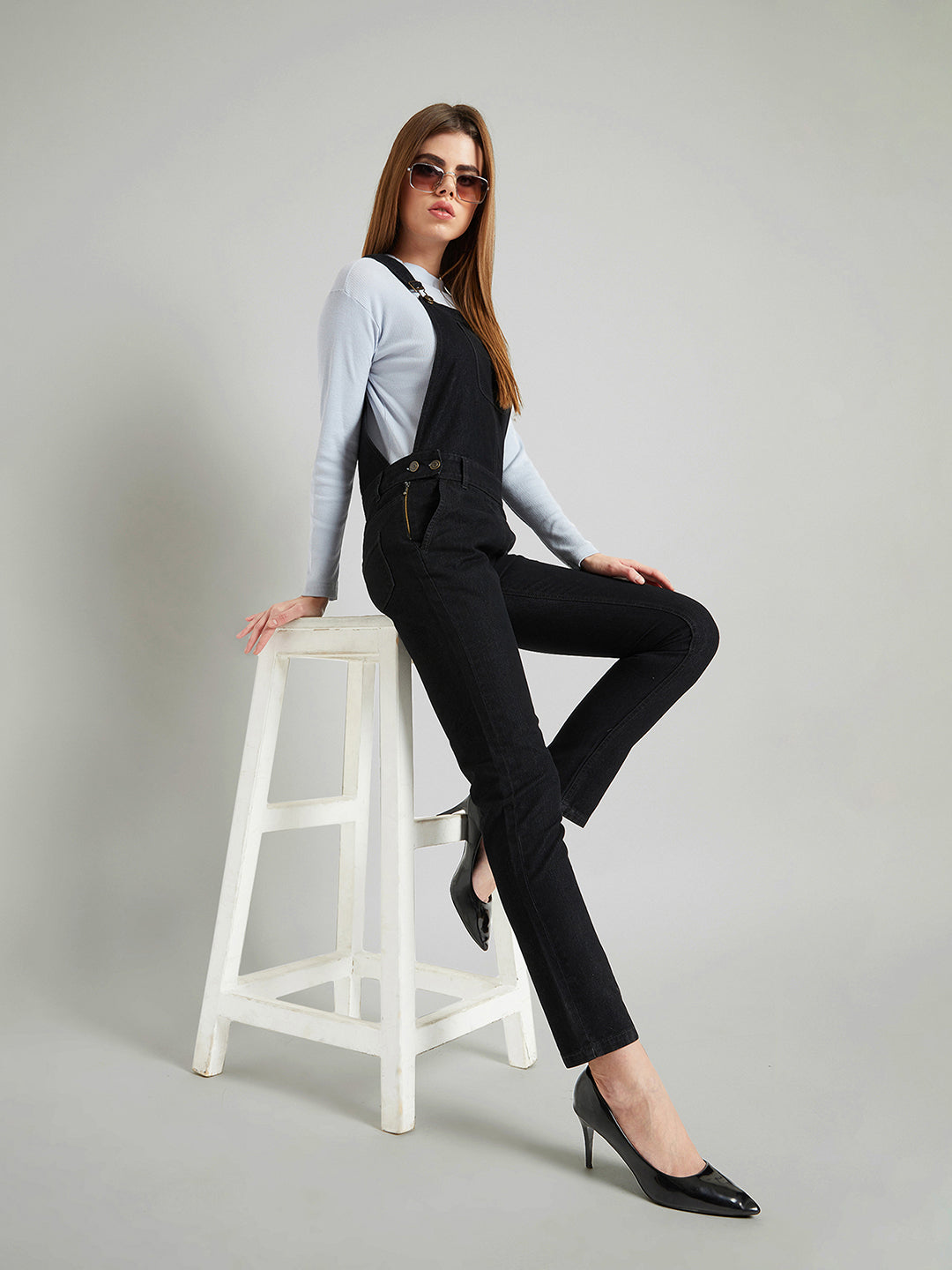 Women's Black High Rise Clean Look Regular Stretchable Skinny Denim Dungaree