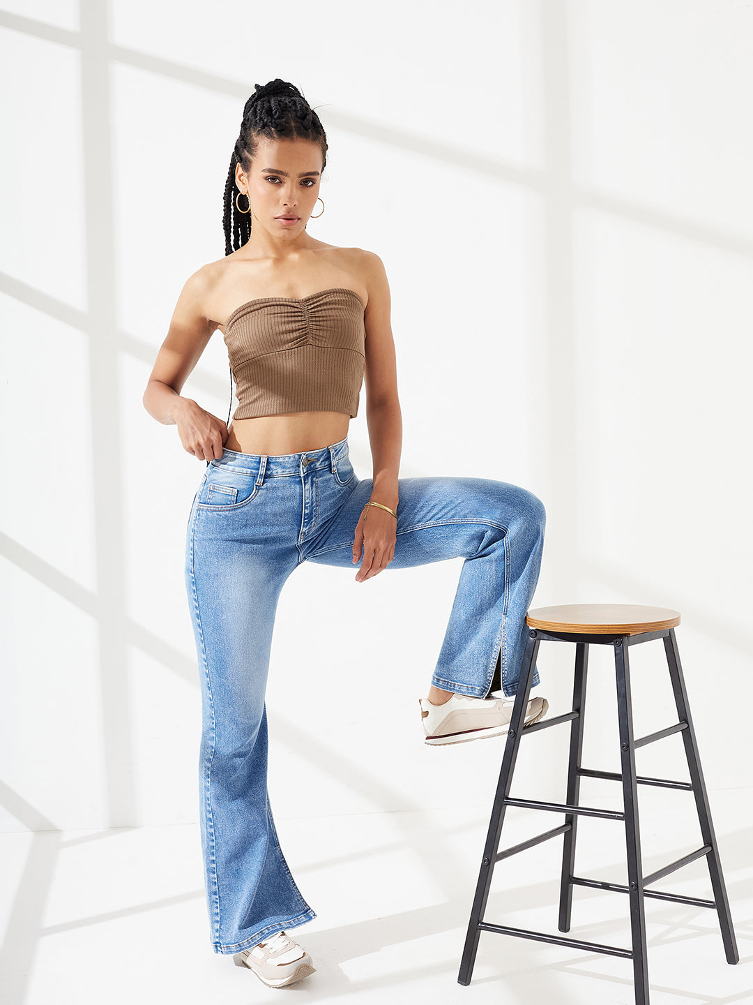 Blue Bootcut Mid-Rise Inseam Slit Heavy Wash Stretchable Denim Jeans For Women