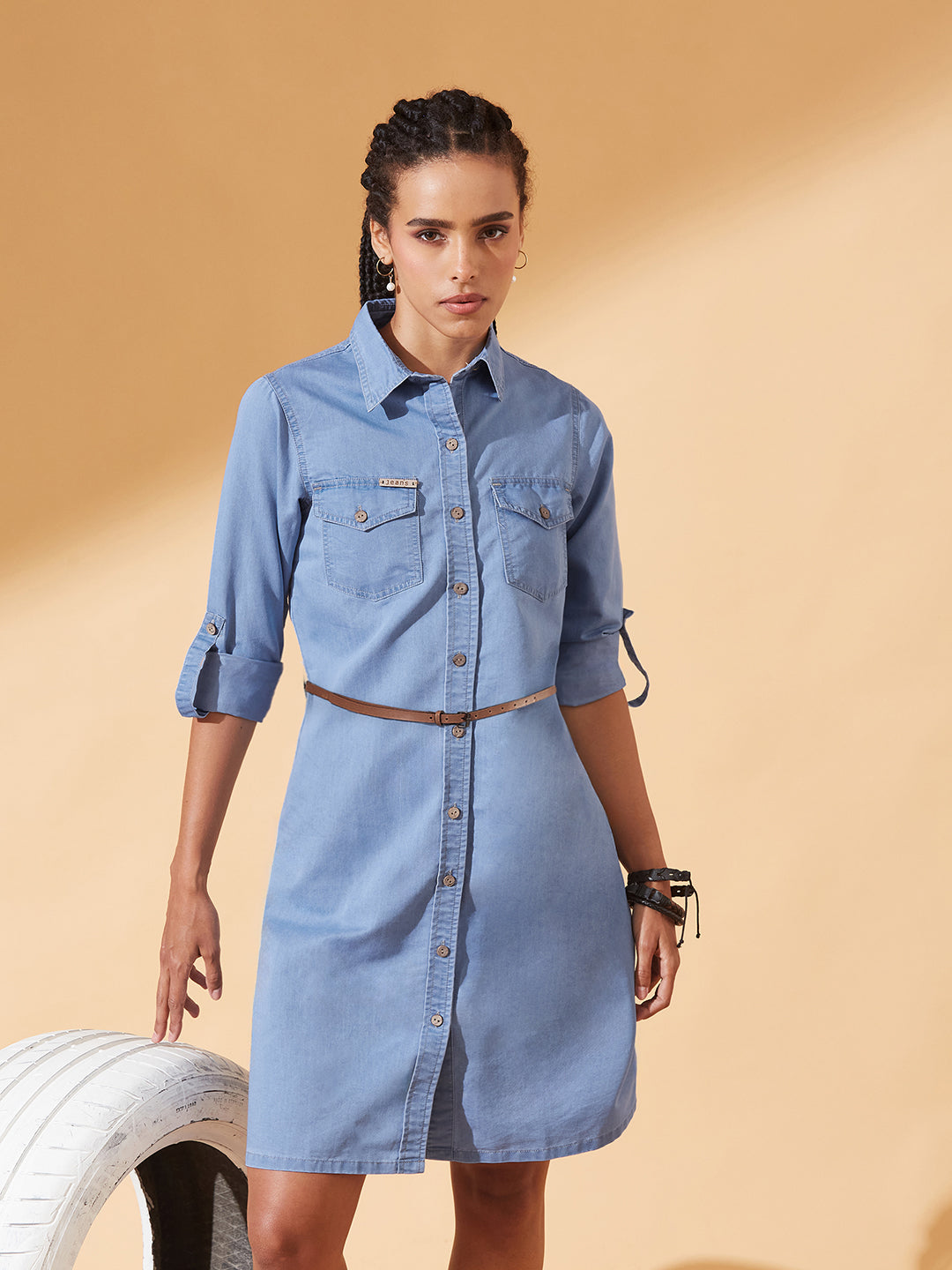 Blue Polo Neck Rolled Up Full Sleeve Denim Solid Buttoned A-Line Mini Dress for Women — Dolce Crudo