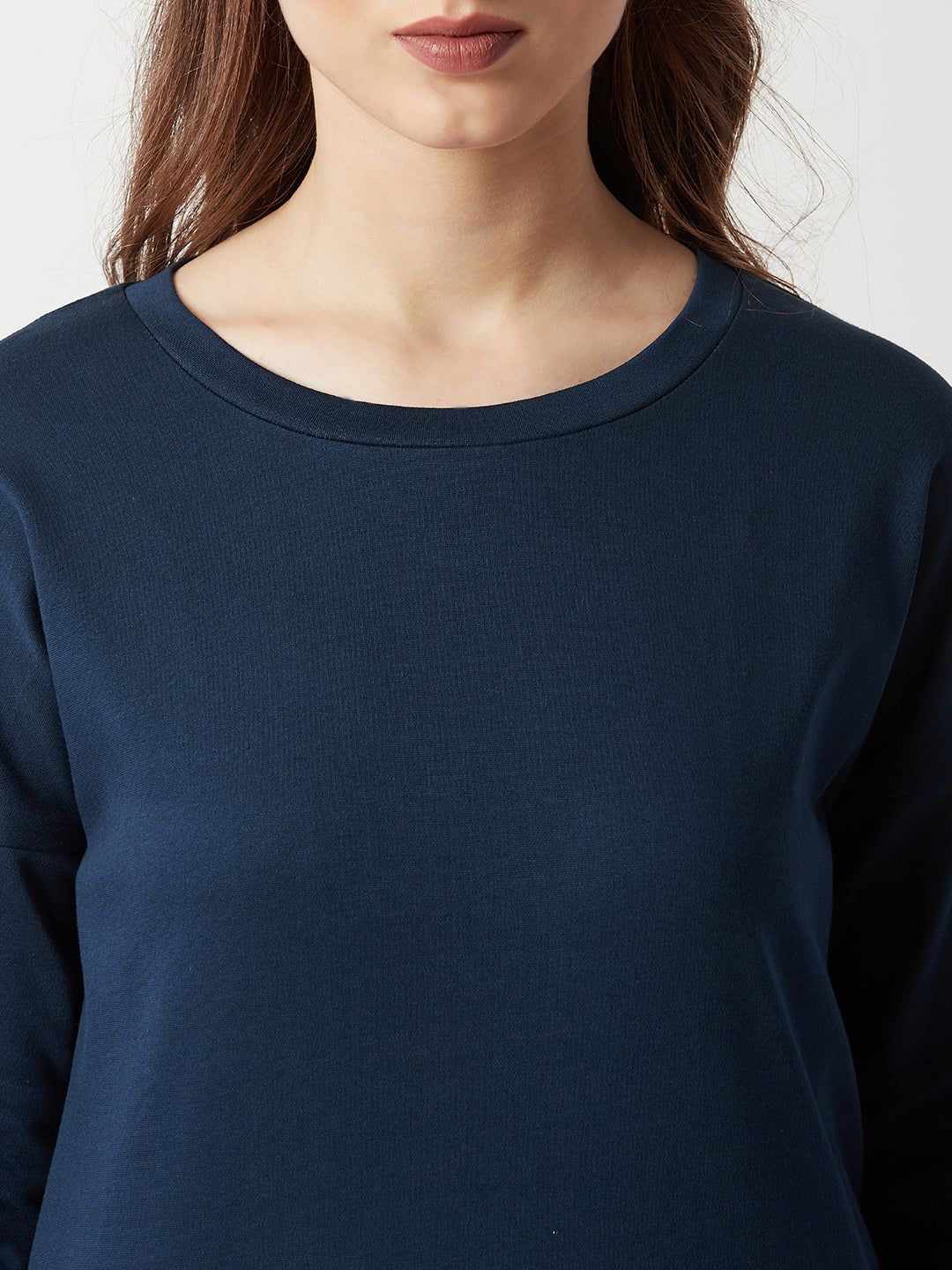 Navy-Blue Round Neck Solid Cotton Full Sleeves Boxy Sweatshirt for Women — Miss Chase