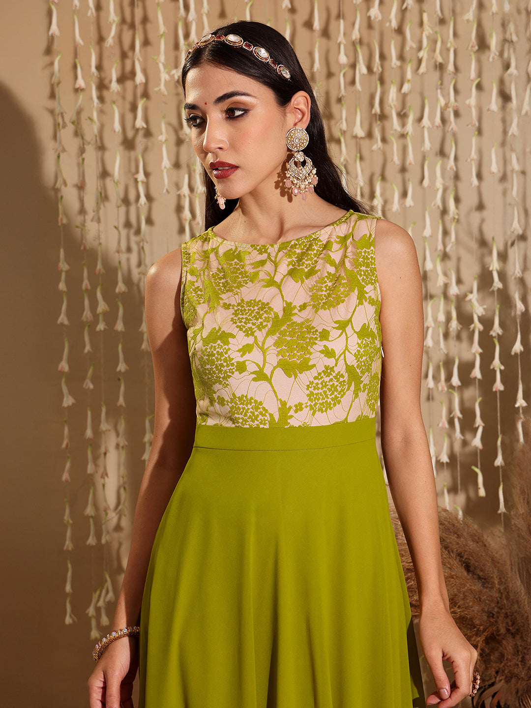 Women's Lemon Green Round Neck Sleeveless Georgette Floral Lace Fit & Flare Maxi Dress