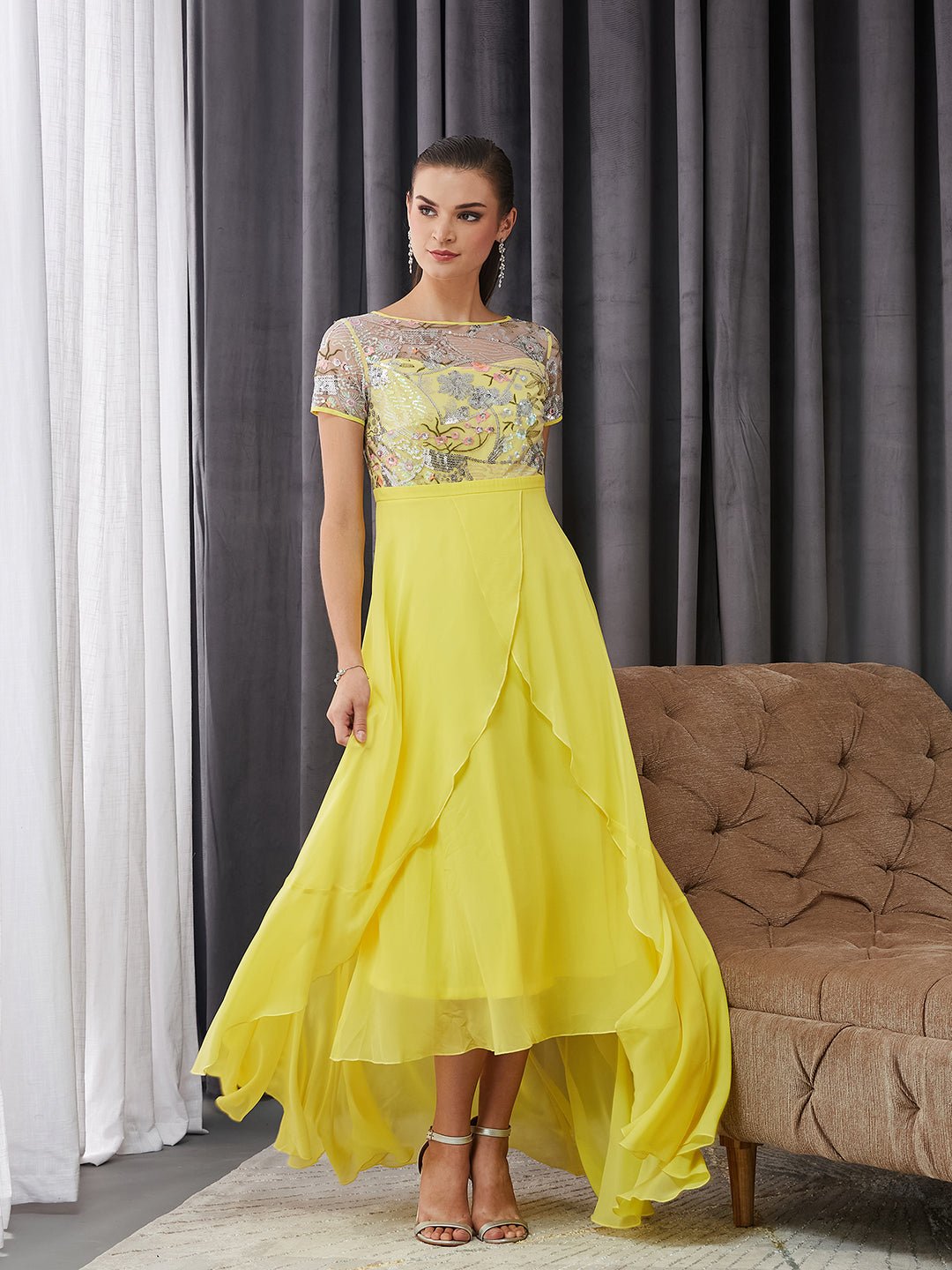 Women's Multicolored-Base-Yellow Round Neck Short Sleeve Floral Layered Georgette Midi Dress
