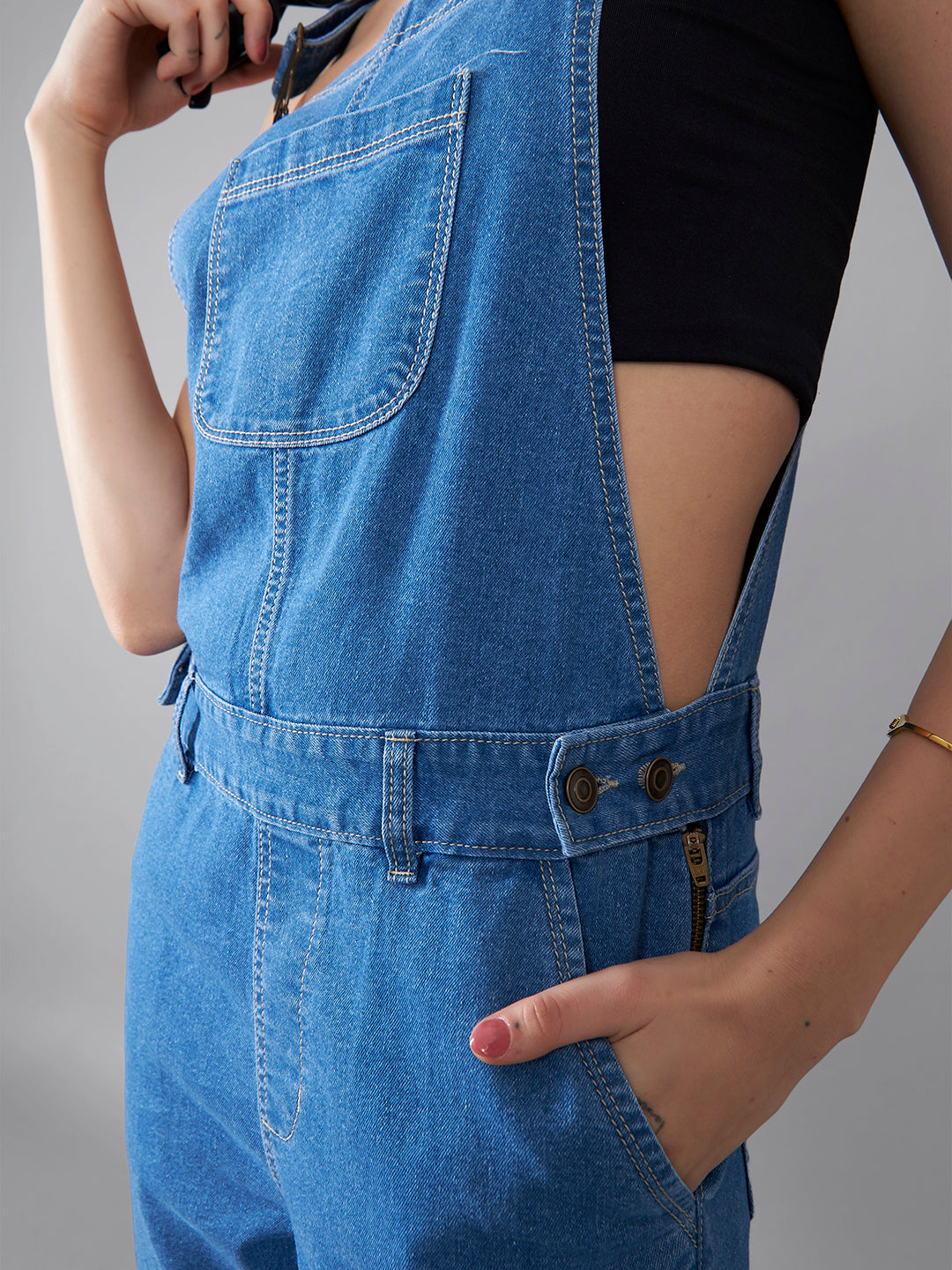 Women's Blue Regular Fit Mid Rise Regular Length Denim Dungaree