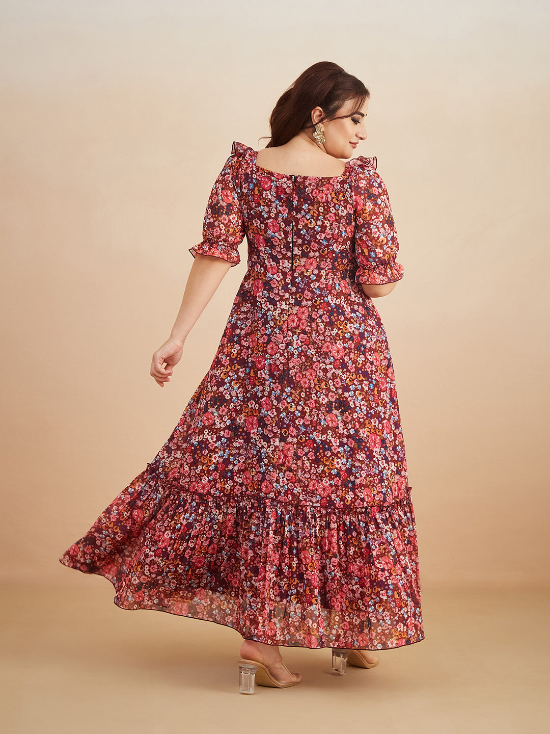 Multicolored-Base-Wine V-Neck Puff Sleeve Floral Ruching Ankle-Length Dress for Women