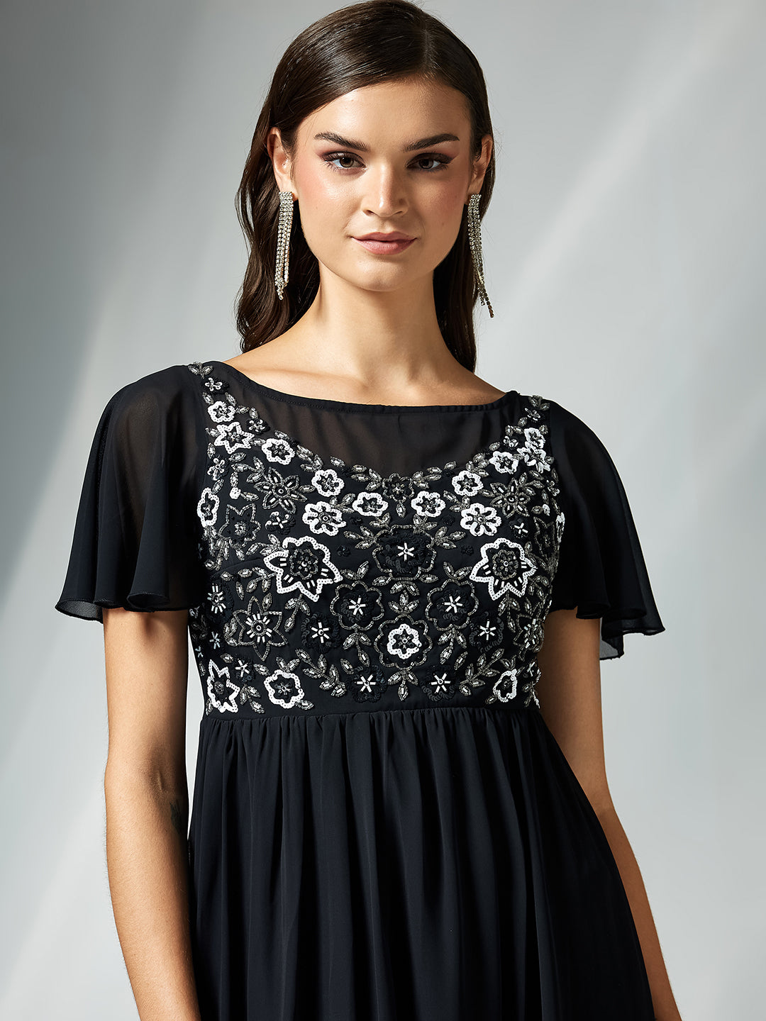 Women's Black Embellished Gathered Maxi Dress