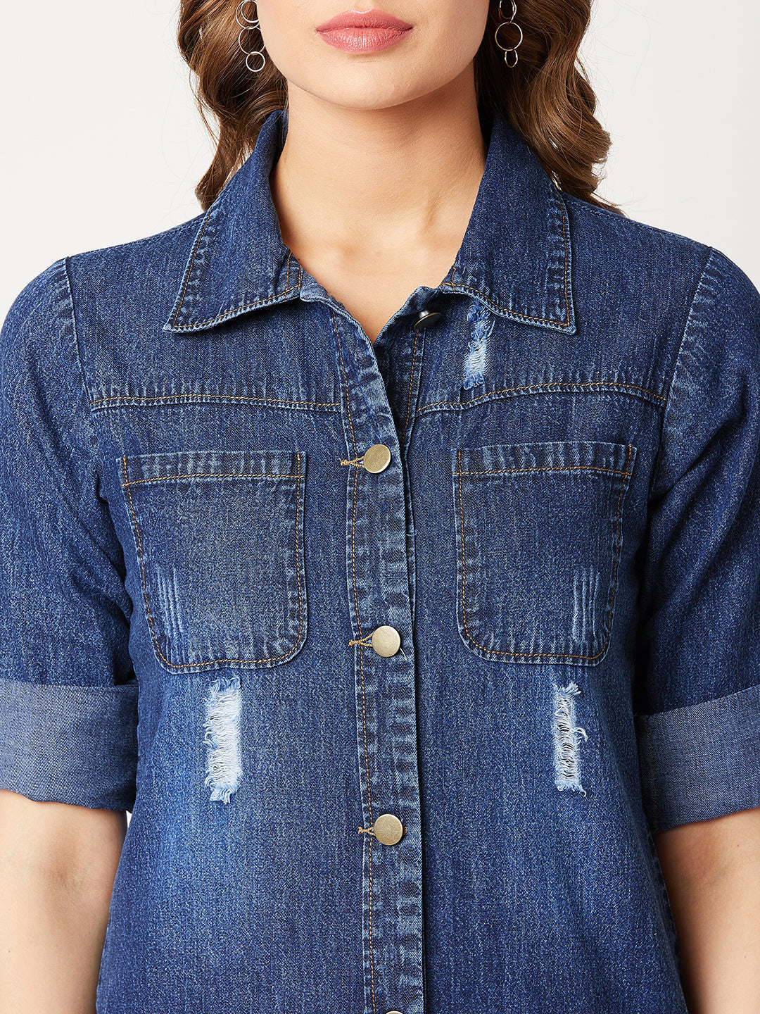 Women's Navy Blue Solid Polo Neck Full Sleeves Patch Pocket Denim Overcoat Knee-Length Jacket