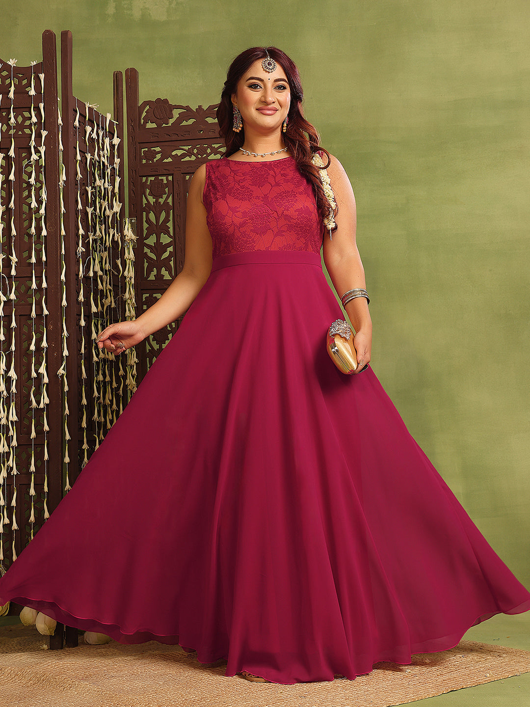 Dark Pink & Rust Boat Neck Sleeveless Self Design Lace Overlaid Regular Dress for Women