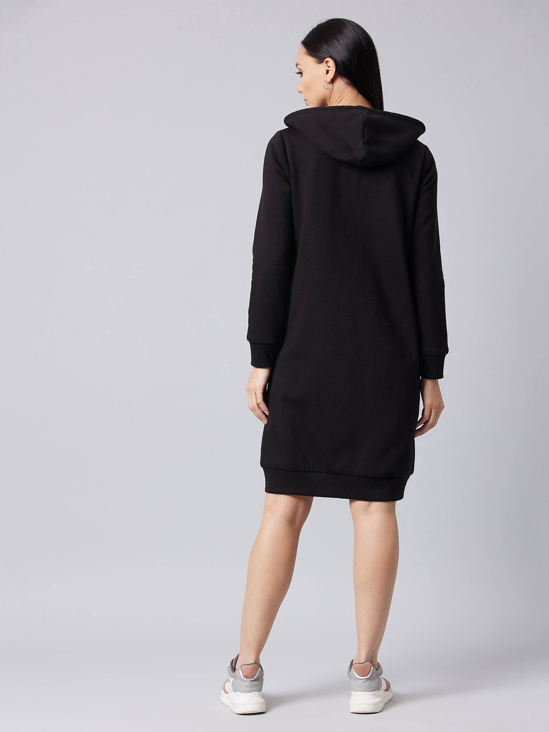 Women's Black Hooded Full Sleeve Solid Knee Length Dress